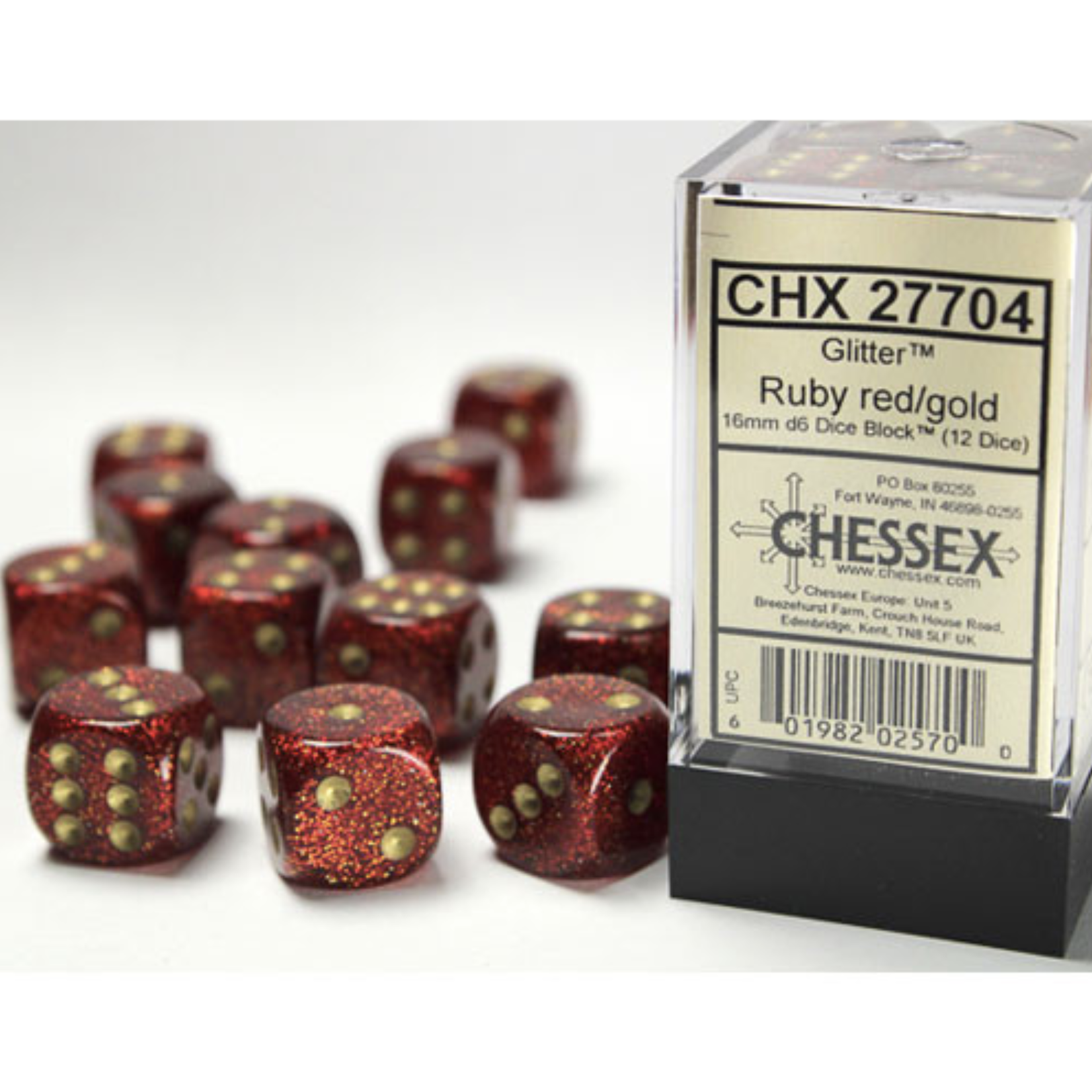 Chessex Glitter: Ruby/Gold 16mm d6 (12)