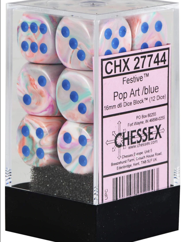 Chessex Festive Pop Art/Blue 16mm d6 (12) Menagerie 10