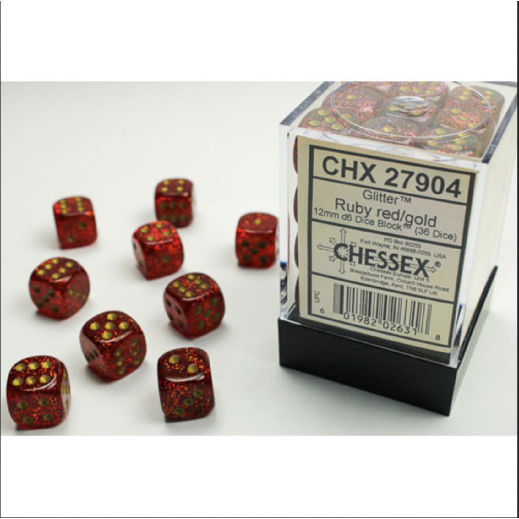 Chessex Glitter: Ruby/Gold 12mm d6 (36)