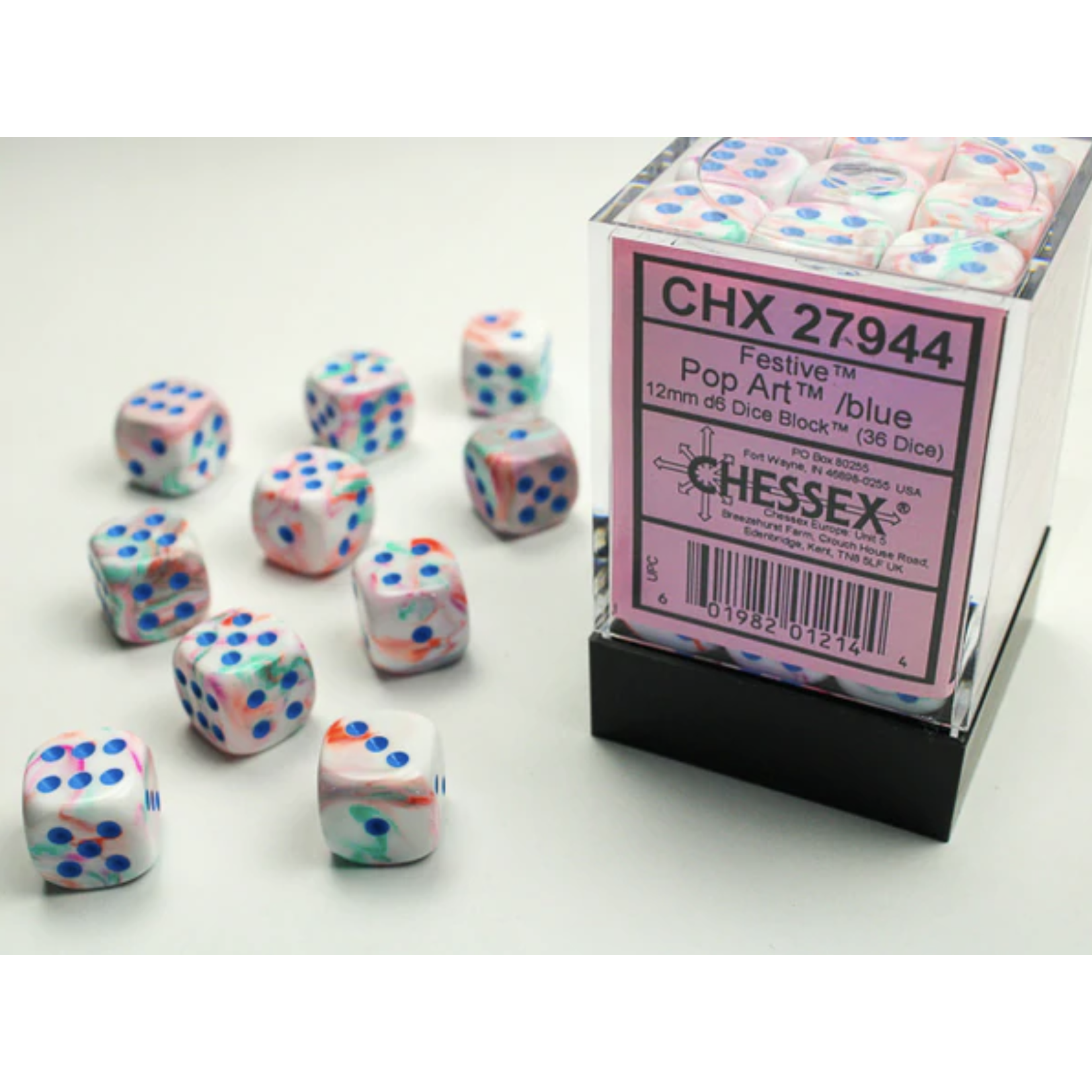 Chessex Festive Pop Art/Blue 12mm d6 (36) Menagerie 10