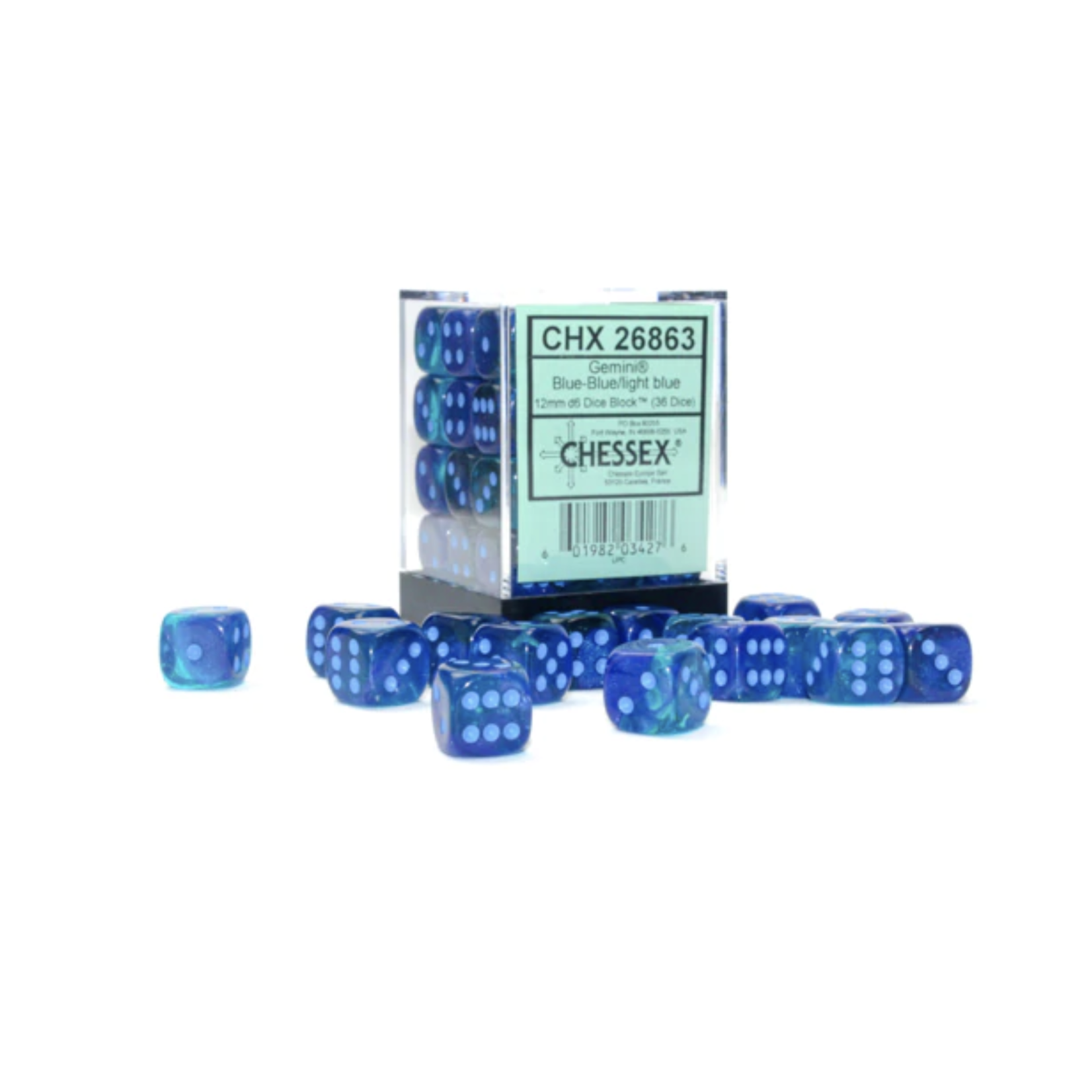 Chessex Gemini Blue Blue Light Blue Luminary 12mm d6 dice (36)
