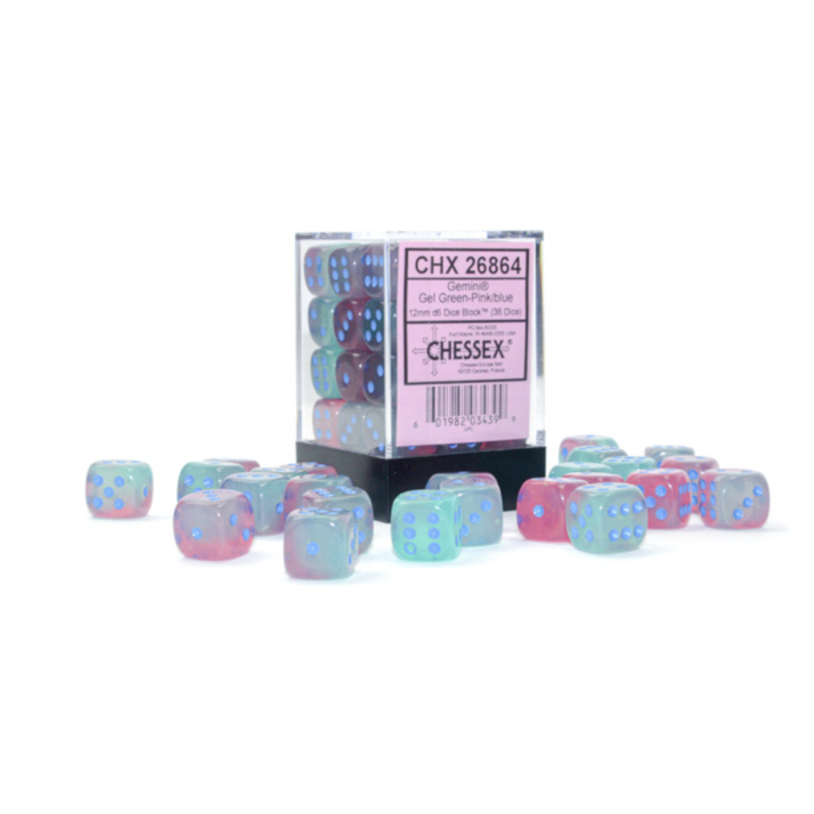 Chessex Gemini Gel Green Pink Blue Luminary 12mm d6 dice (36)