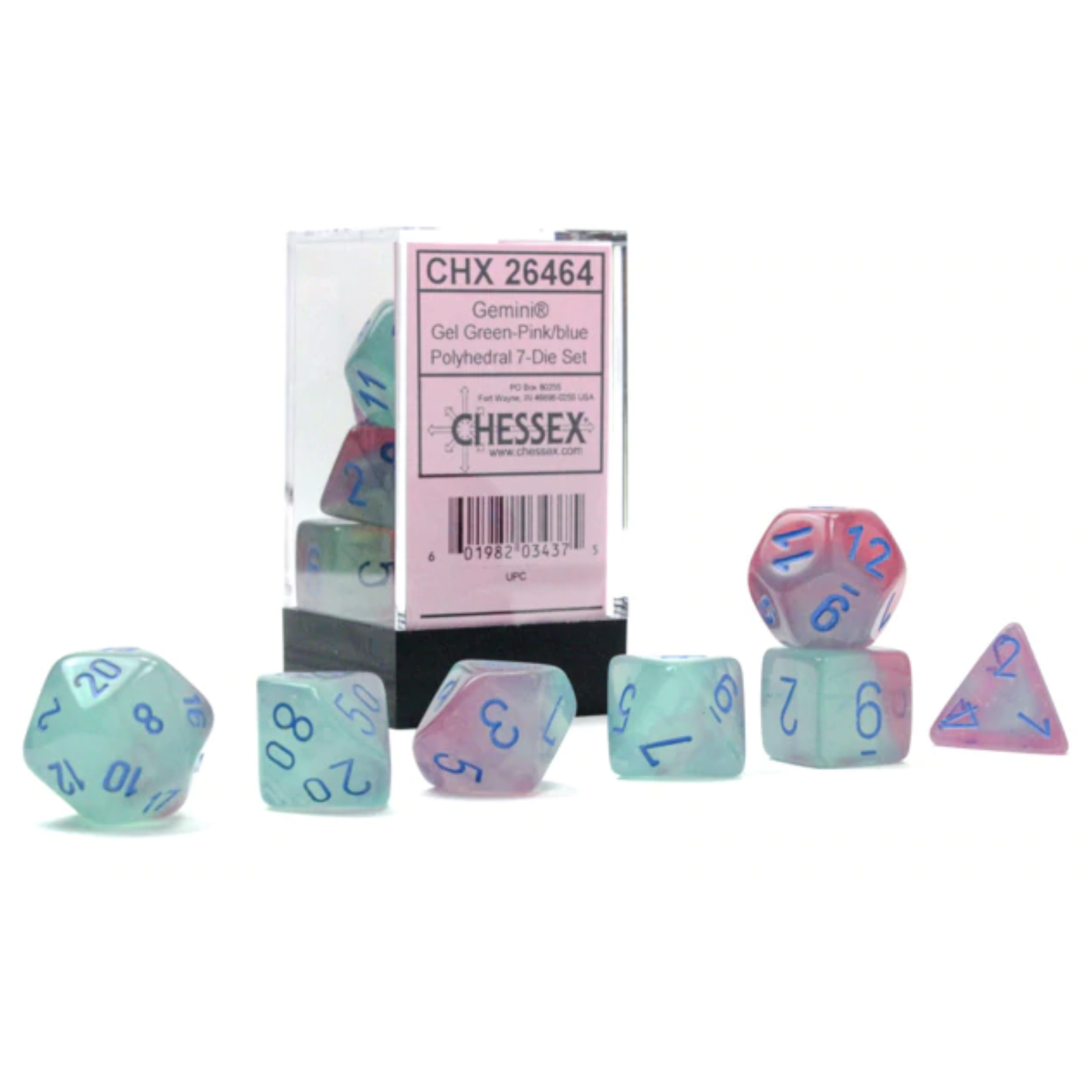 Chessex Gemini Gel Green Pink Blue Luminary 7 die set