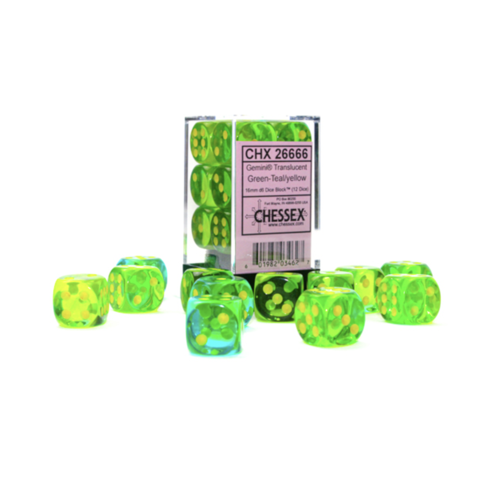 Chessex Gemini Translucent Green Teal Yellow 16mm d6