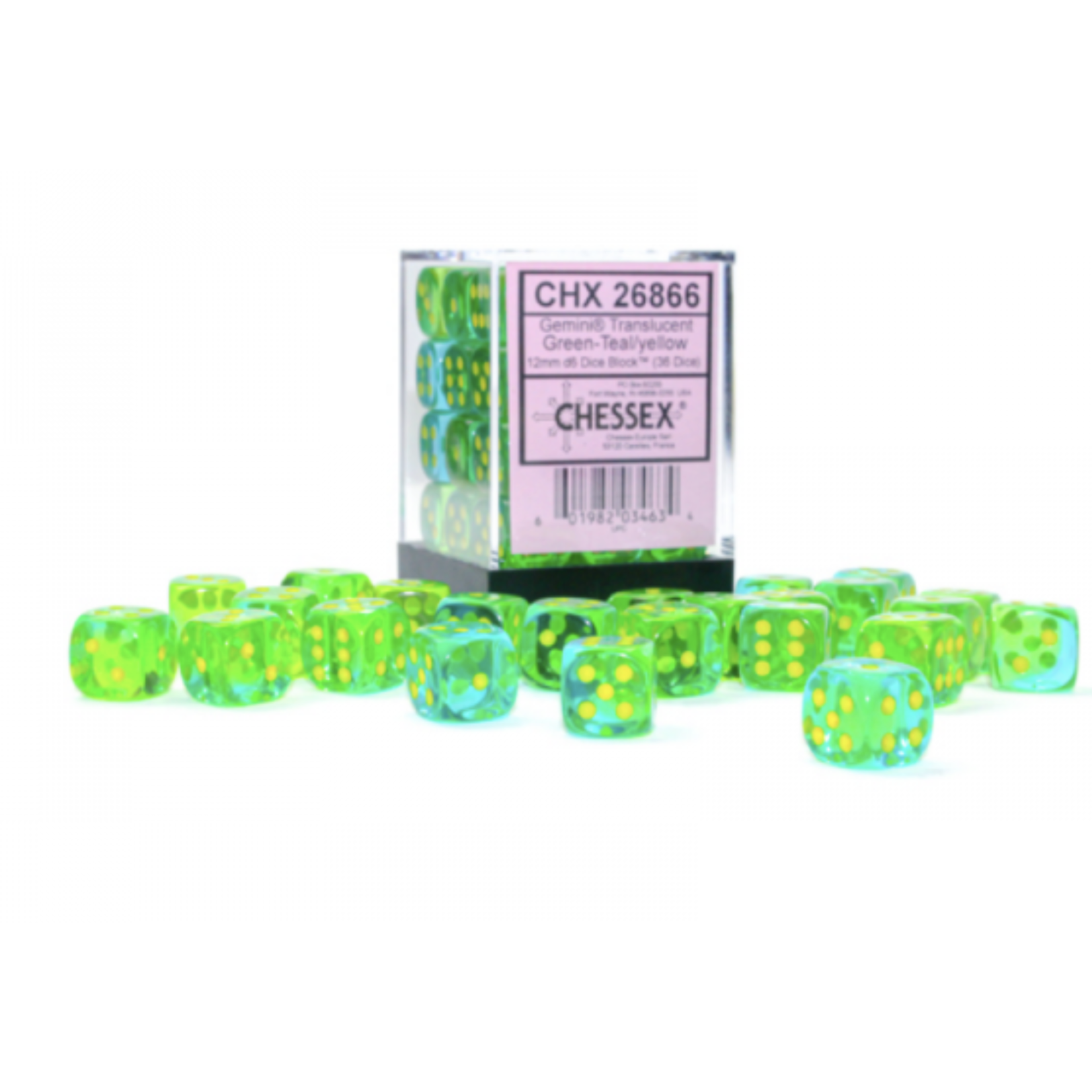 Chessex Gemini Translucent Green Teal Yellow 12mm d6 dice (36)