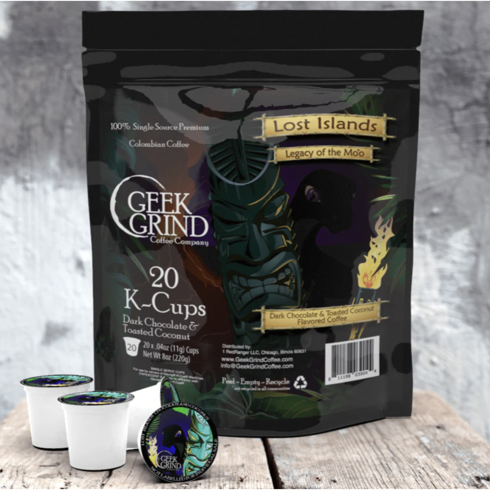 Geek Grind Lost Island Legacy of the Mo'o Chocolate and Coconut Flavor K-cups