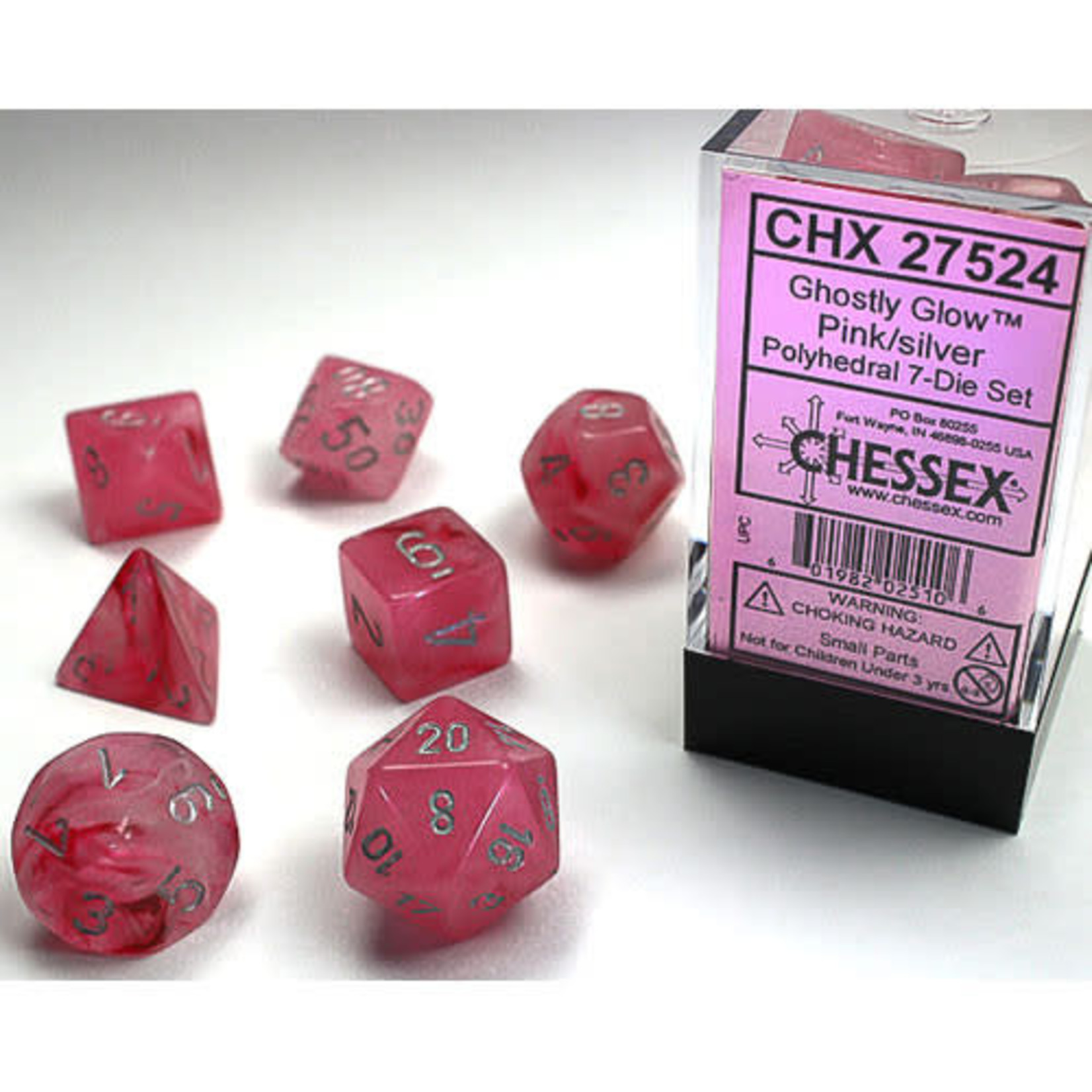 Chessex Dice Menagerie 9: Ghostly Glow Poly Pink/Silver (7)