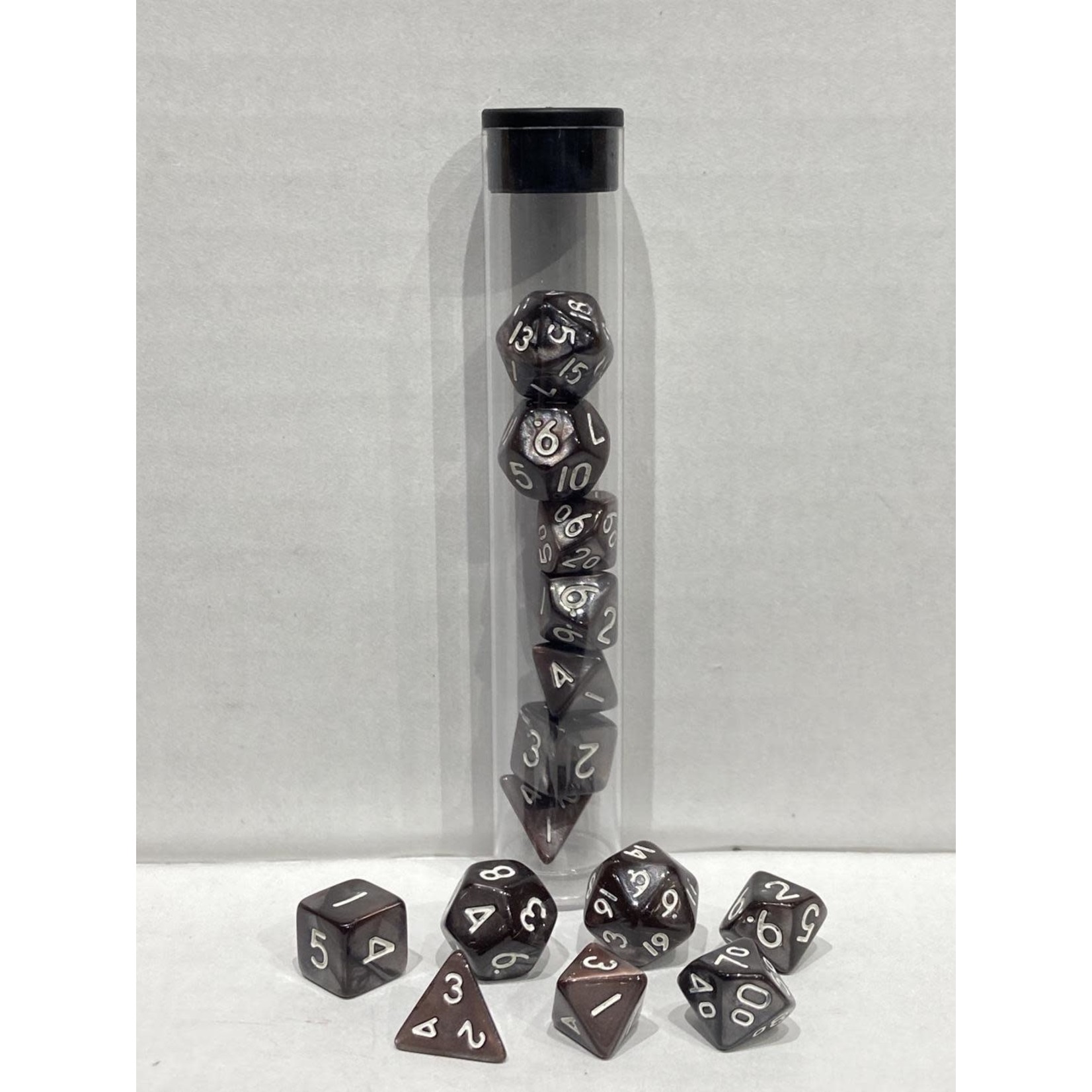 CLC Mini Polyhedral Dice - Marbled Black/Brown/Silver and White