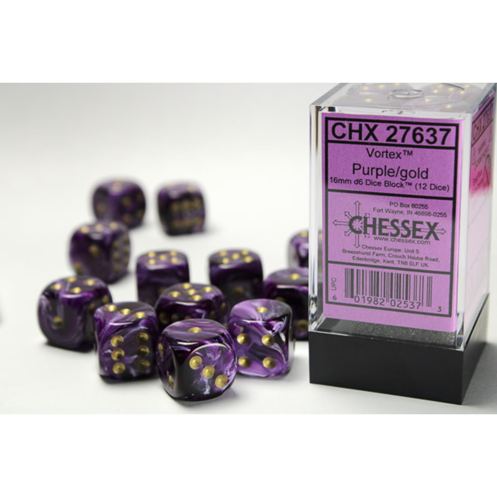 Chessex Vortex Purple w//Gold 16mm d6 (12)