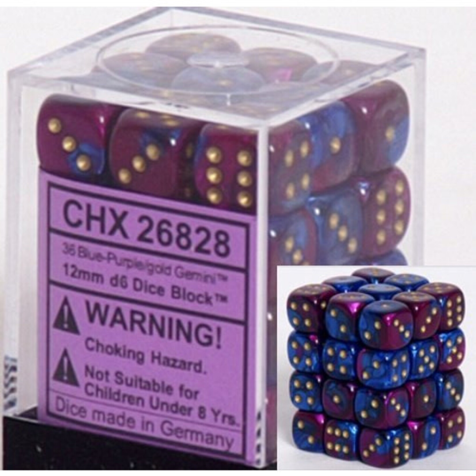 Chessex Gemini Blue-Purple/Gold 12mm d6 Dice Block (36)