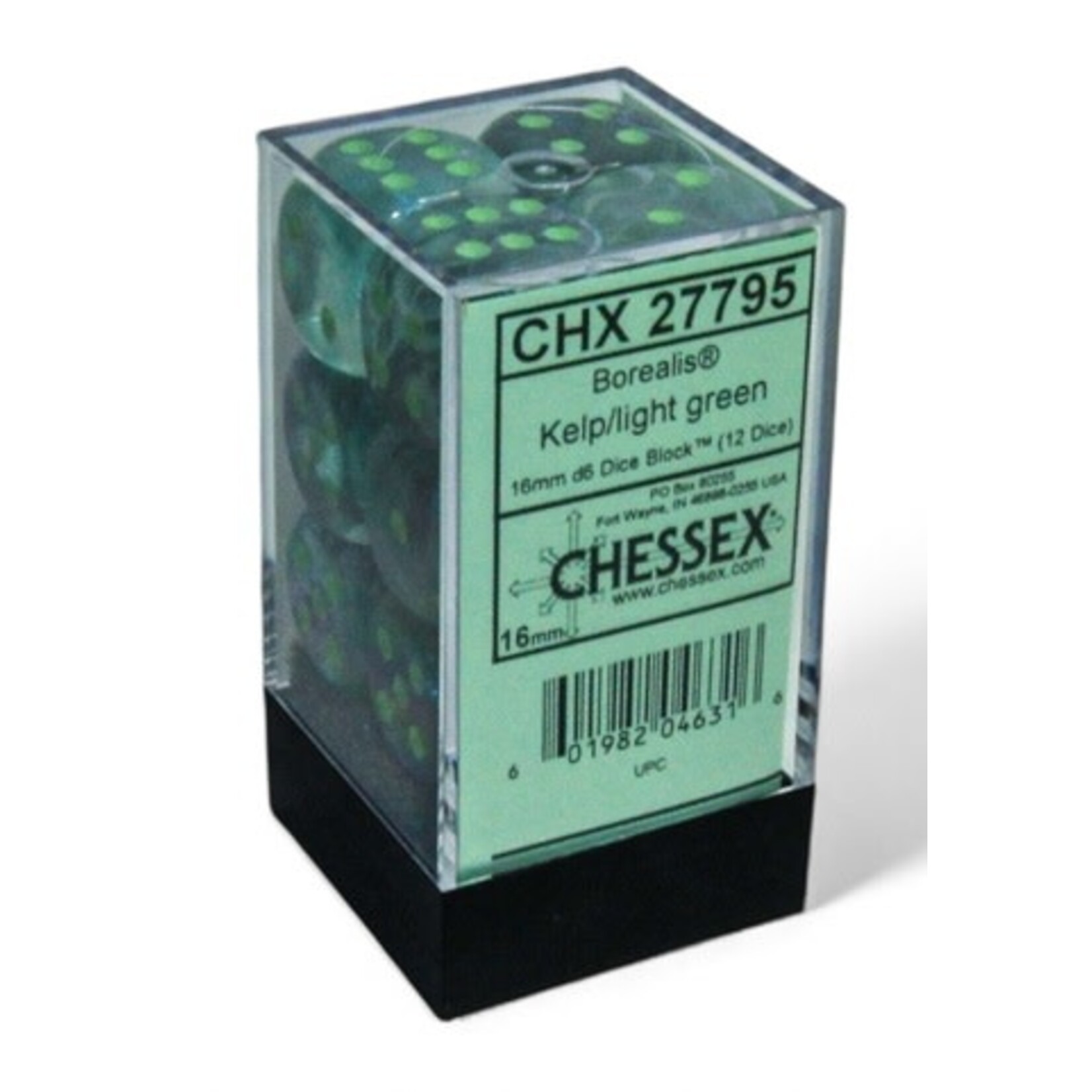 Chessex Borealis 16mm d6 Kelp/light green Luminary Dice Block (12 dice)