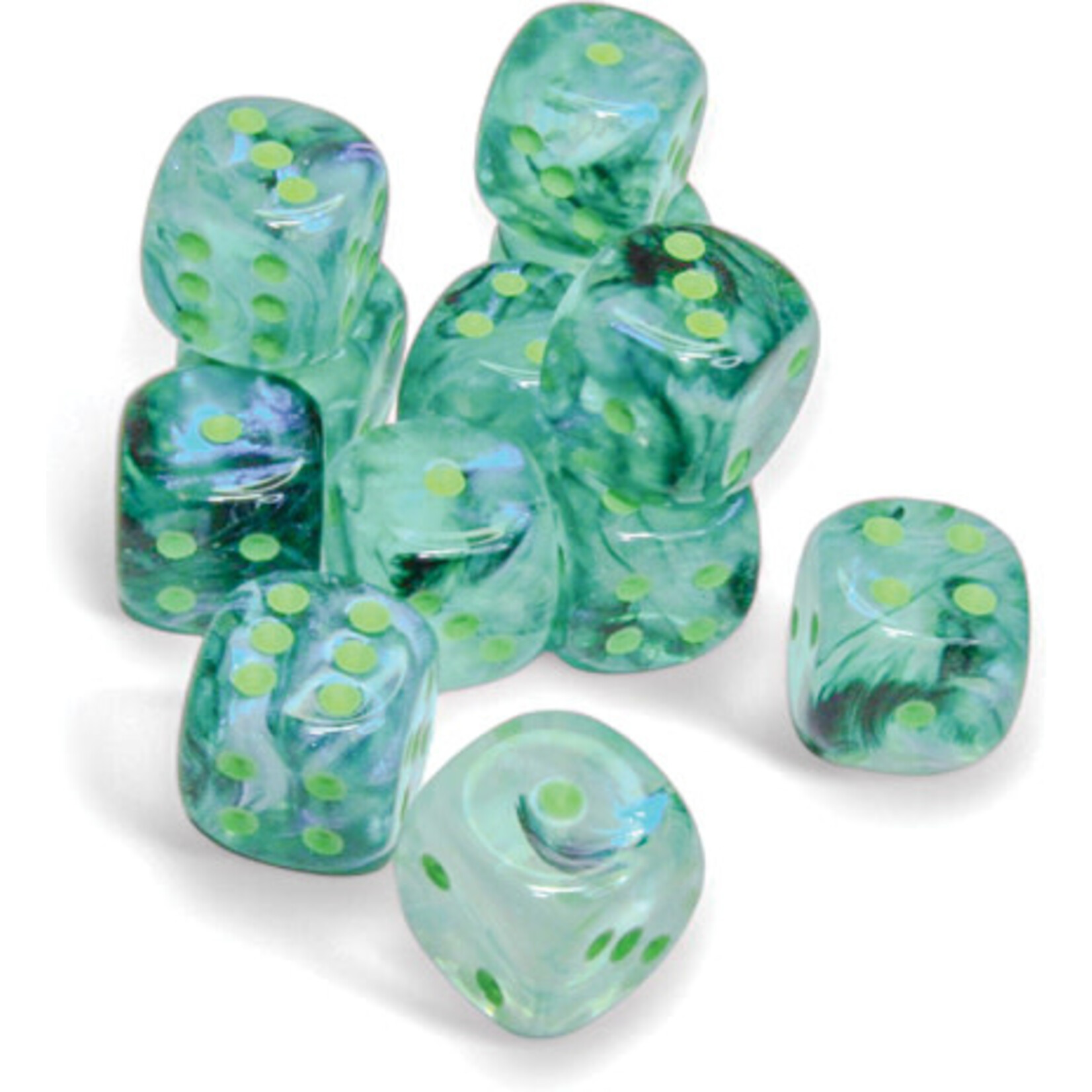 Chessex Borealis 16mm d6 Kelp/light green Luminary Dice Block (12 dice)