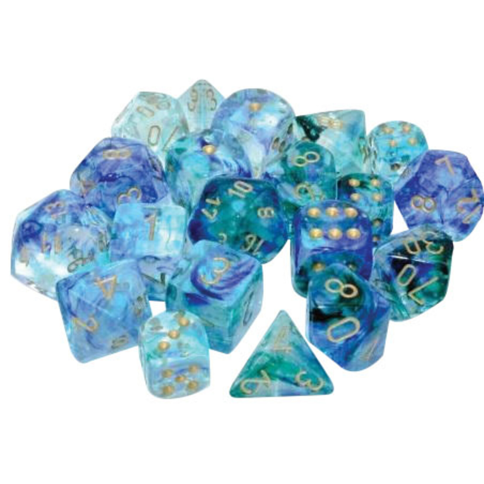 Chessex Nebula: 16mm d6 Oceanic/gold Luminary Dice Block (12 dice)