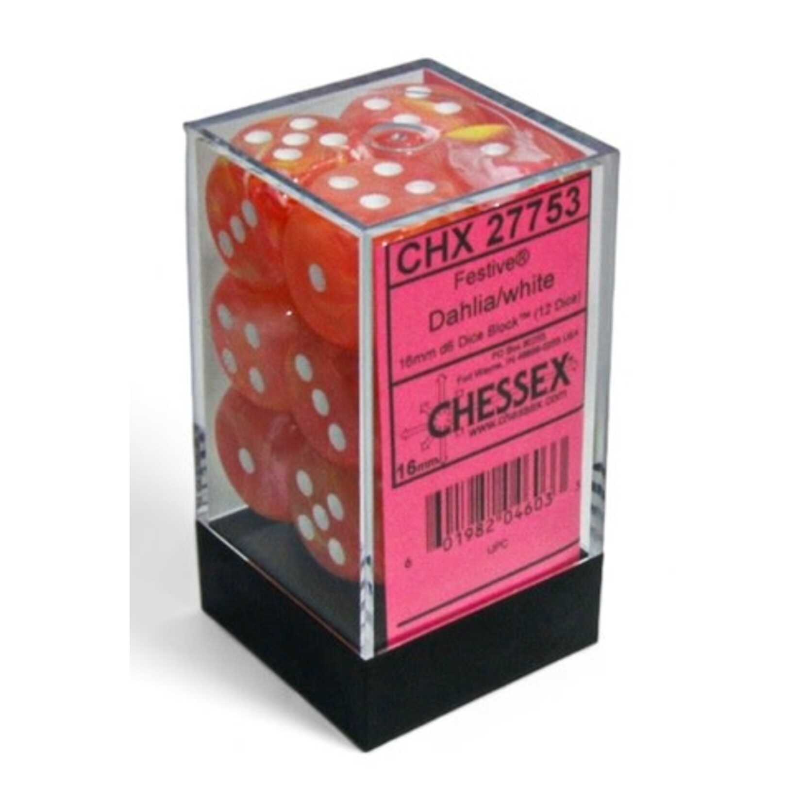 Chessex Festive: 16mm d6 Dahlia/white Luminary Dice Block (12 dice)