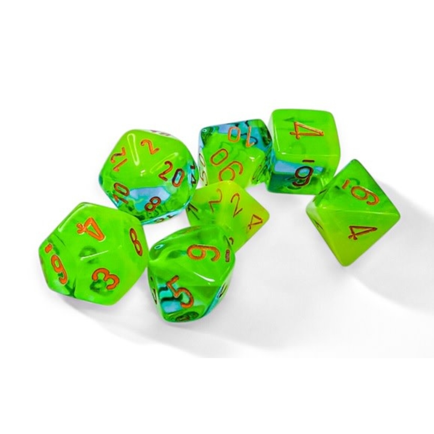 Chessex Gemini: Polyhedral Plasma Green-Teal/orange Luminary 7-Die Set