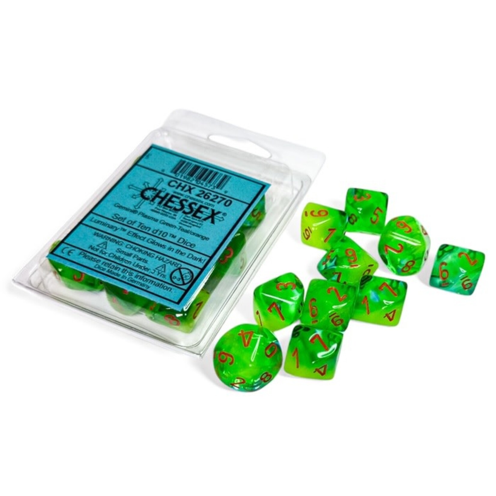 Chessex Gemini: Plasma Green-Teal/orange Luminary Set of Ten d10s