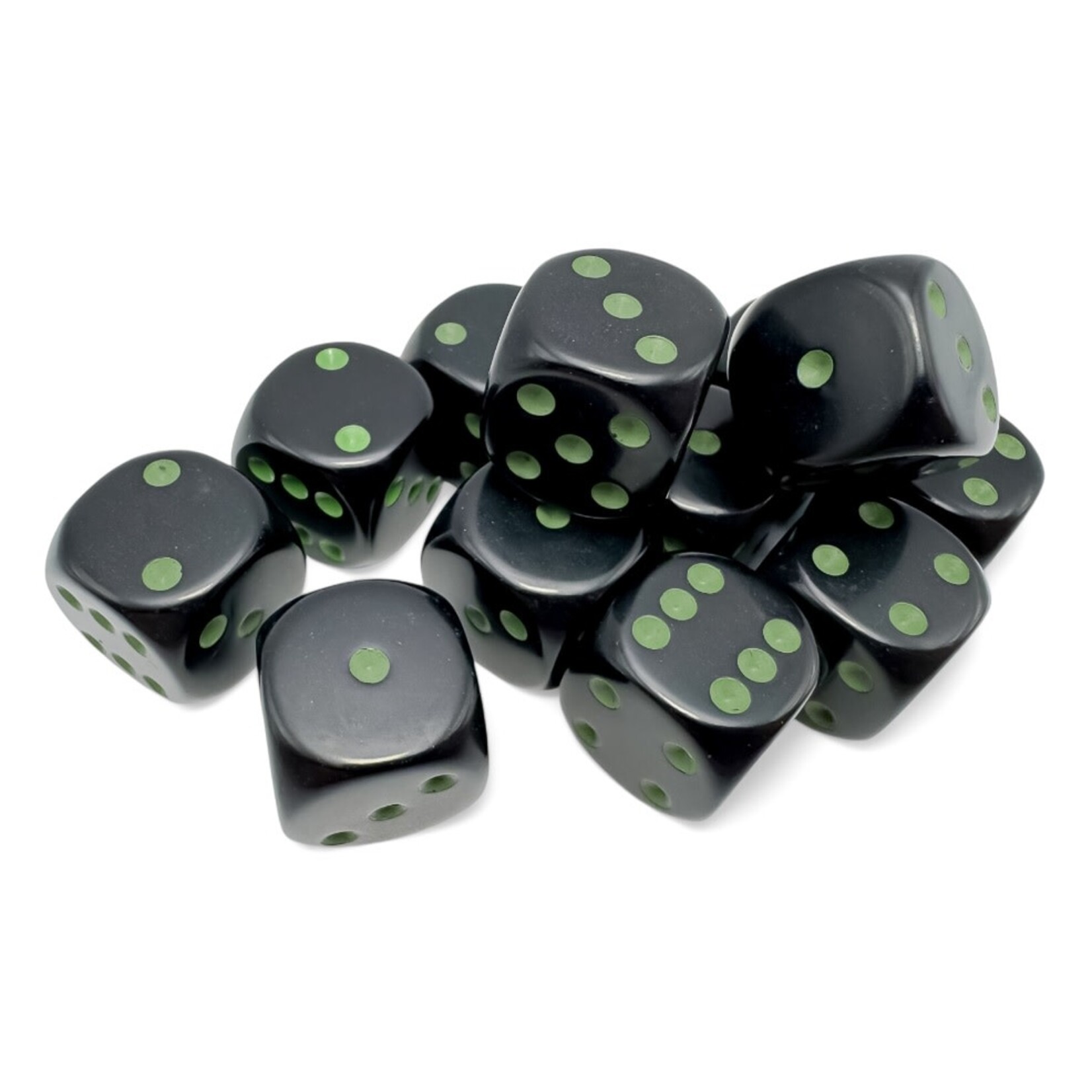 Chessex Opaque: 16mm d6 Black/green Dice Block (12 dice)