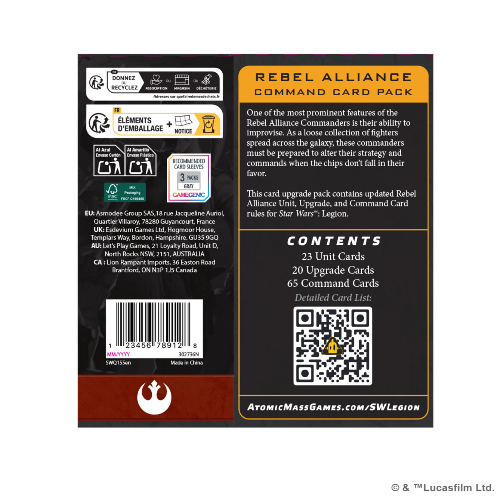 Atomic Mass Games Star Wars Legion Rebel Alliance Command Card Pack