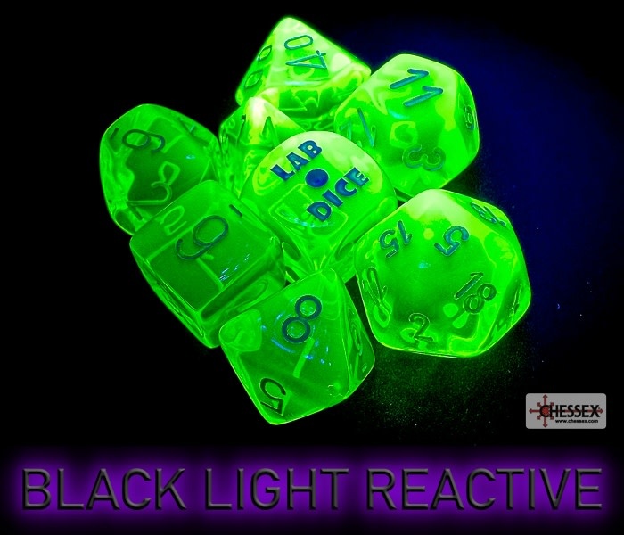 Labx Dice Lab Dice 6 Translucent Rad Green/White 7 die set - Recess Games LLC