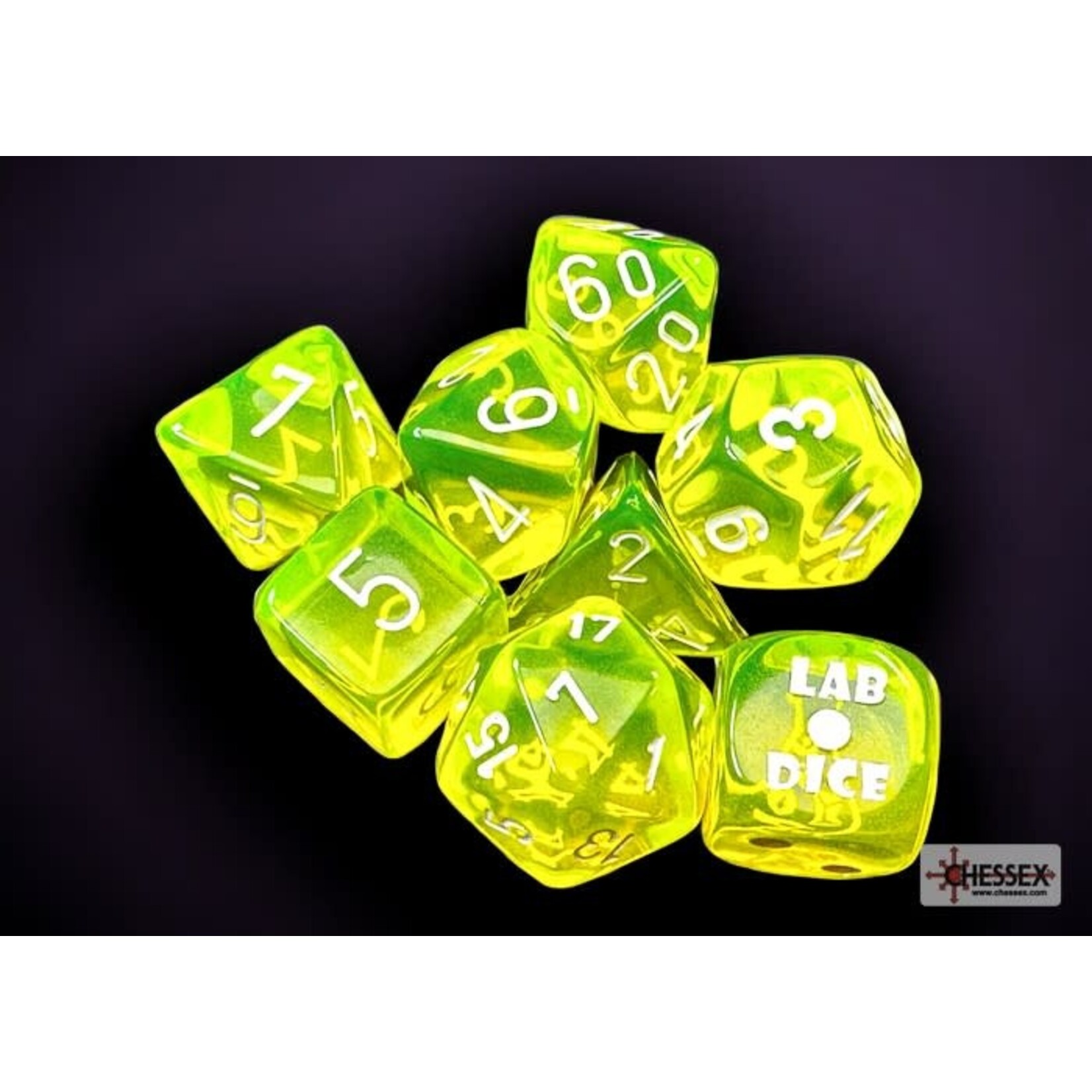 Chessex Lab Dice 6 Translucent Neon Yellow/White 7 die set