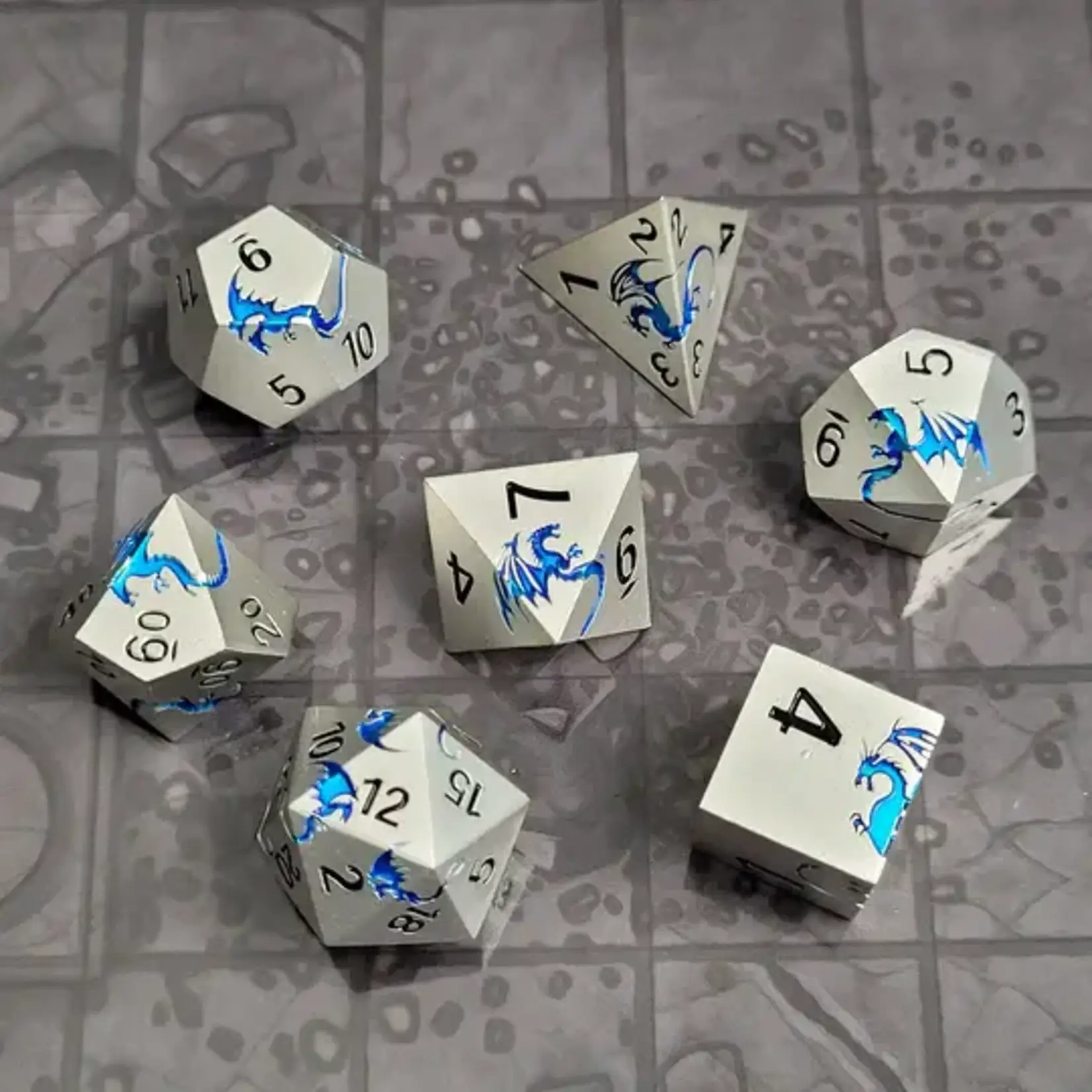 Forged Gaming Dragons Flight Matte Silver Blue Metal RPG Dice Set of 7
