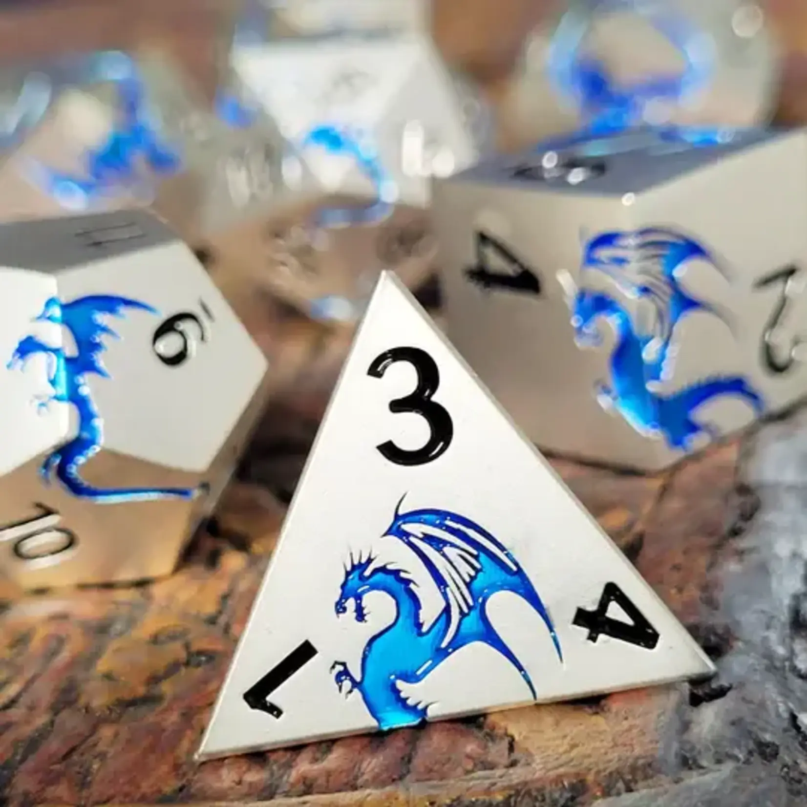 Forged Gaming Dragons Flight Matte Silver Blue Metal RPG Dice Set of 7