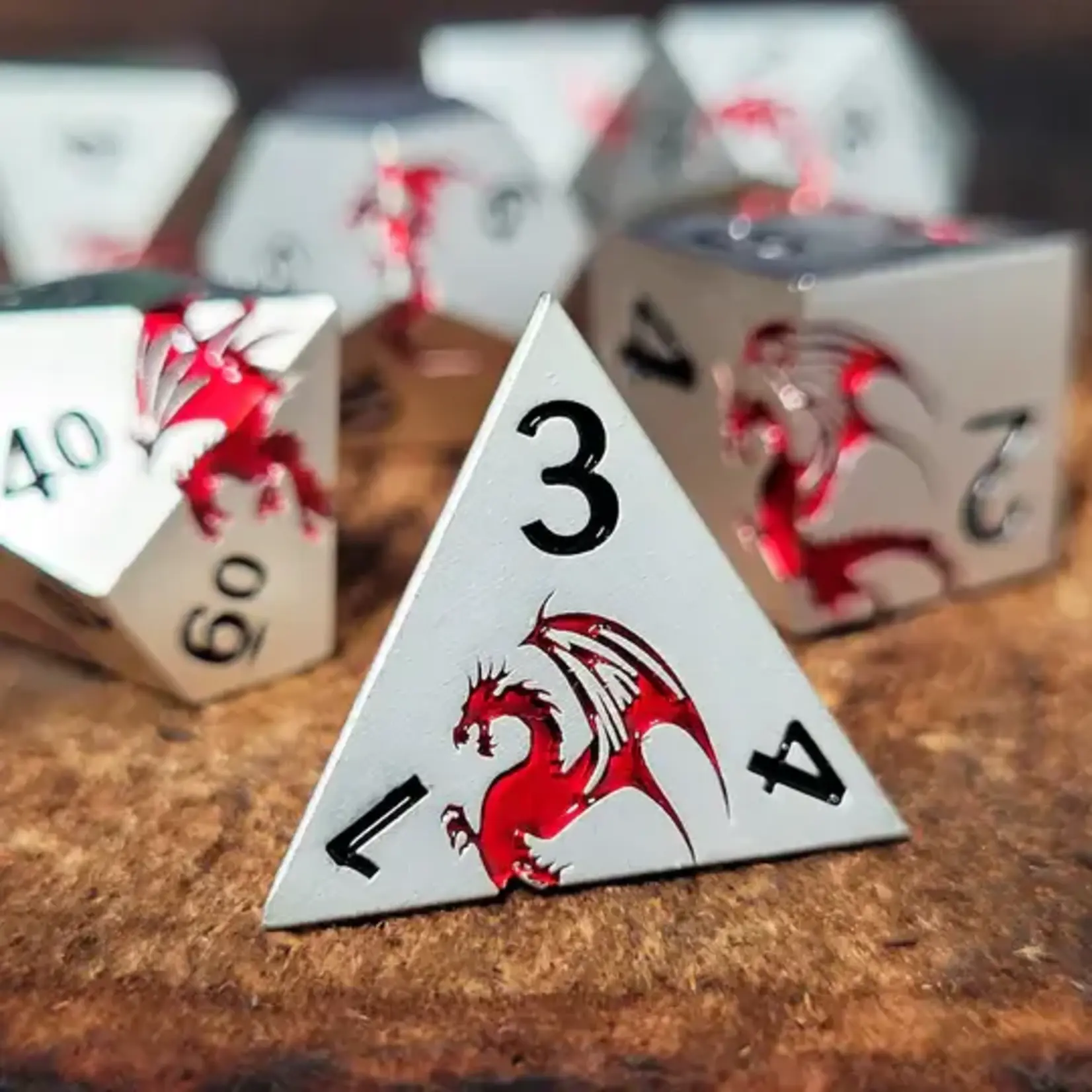 Forged Gaming Dragons Flight Matte Silver Red Metal RPG Dice Set of 7
