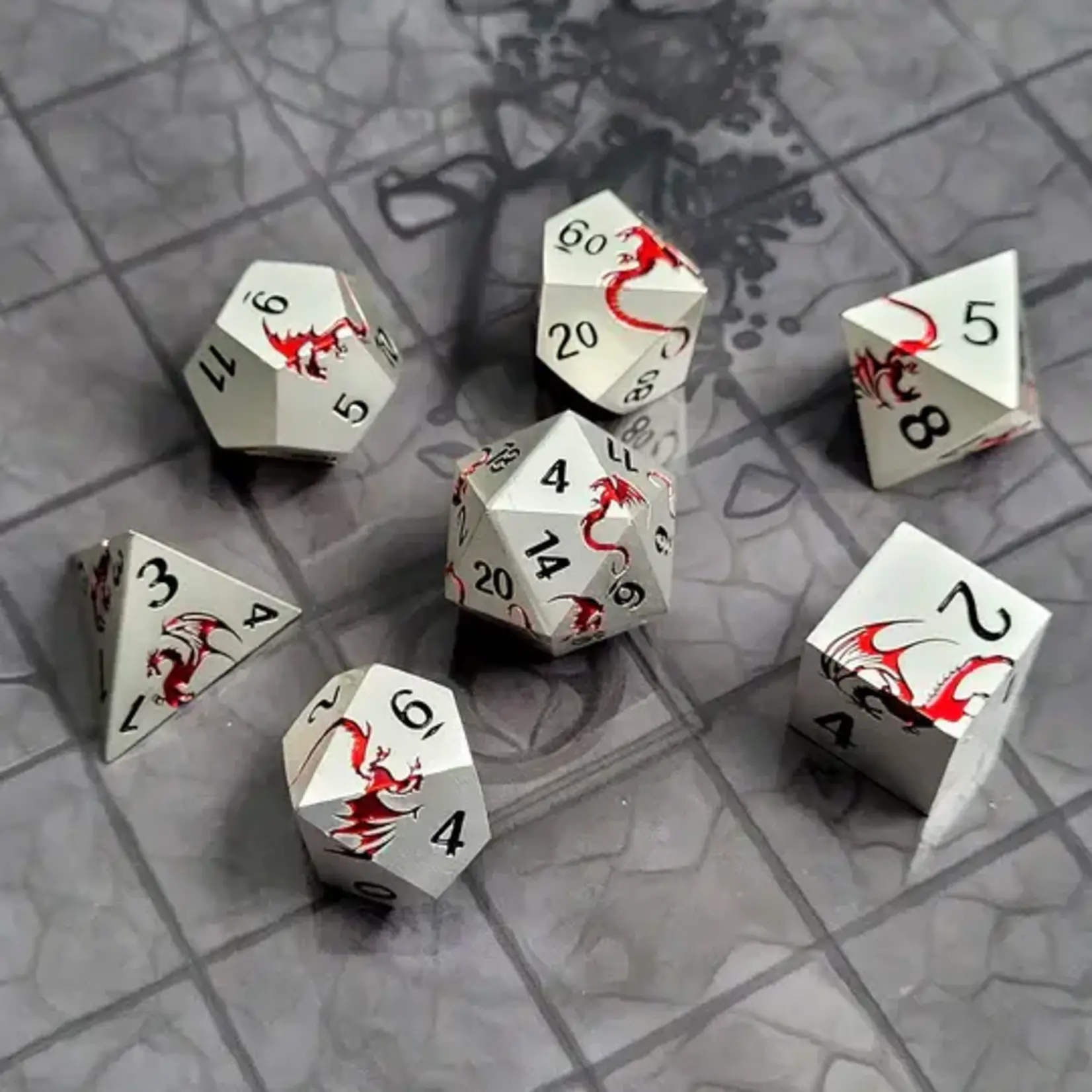 Forged Gaming Dragons Flight Matte Silver Red Metal RPG Dice Set of 7