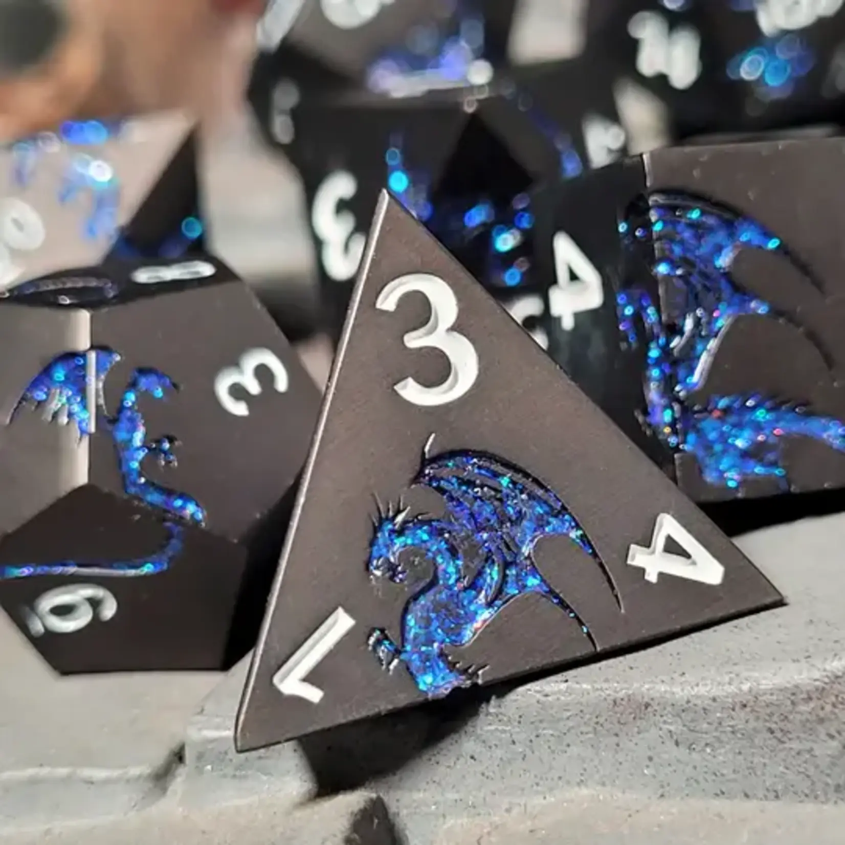 Forged Gaming Dragons Flight Matte Gun Metal Blue Glitter RPG Dice Set of 7