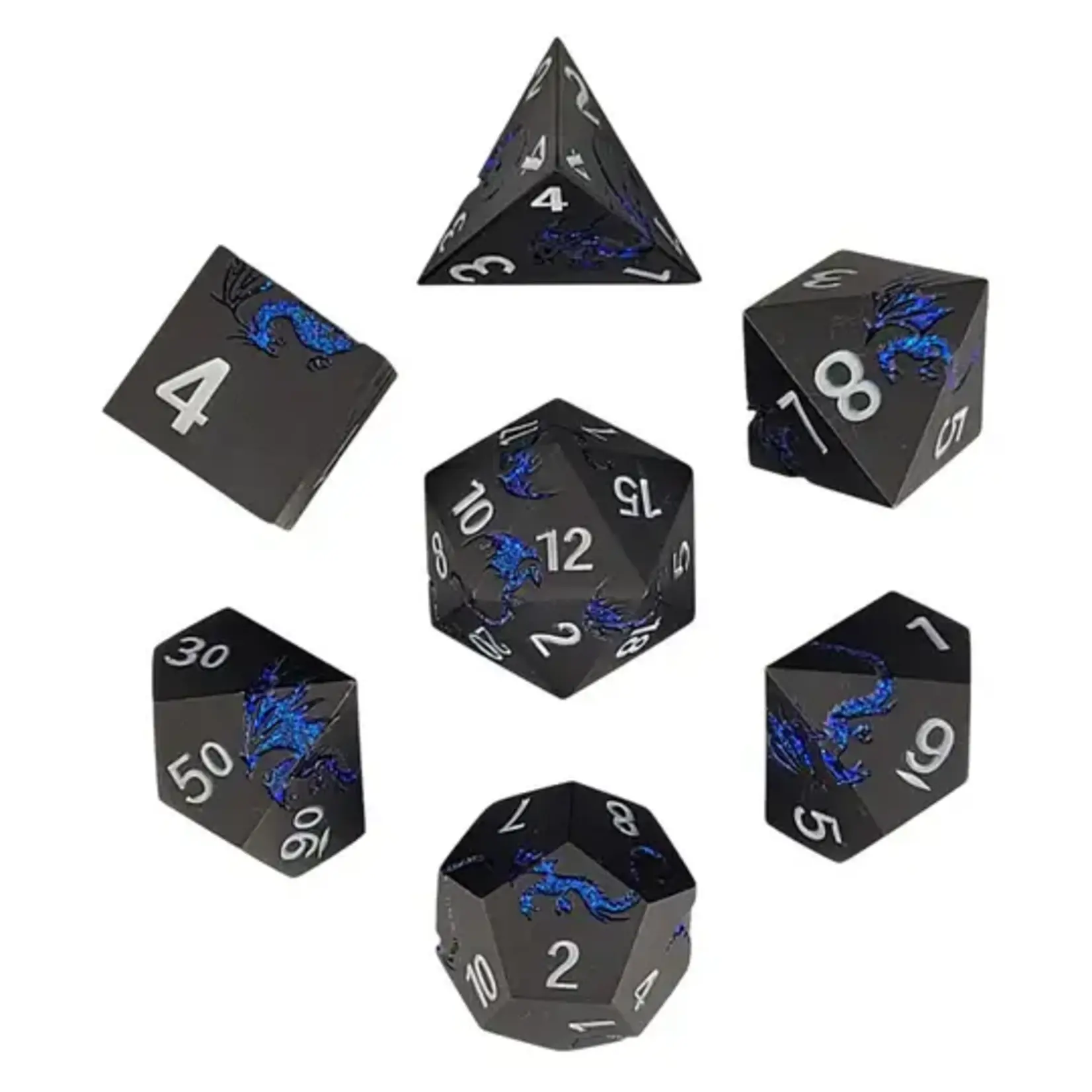 Forged Gaming Dragons Flight Matte Gun Metal Blue Glitter RPG Dice Set of 7