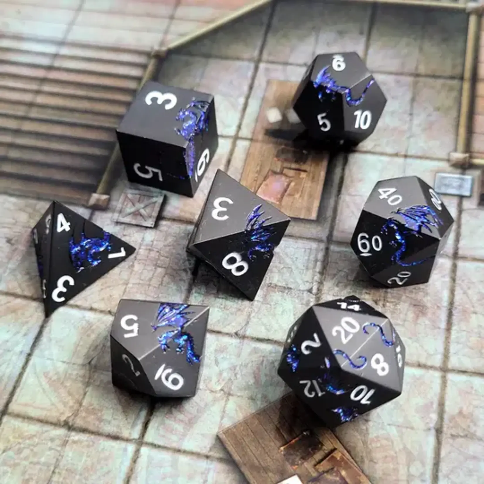 Forged Gaming Dragons Flight Matte Gun Metal Blue Glitter RPG Dice Set of 7