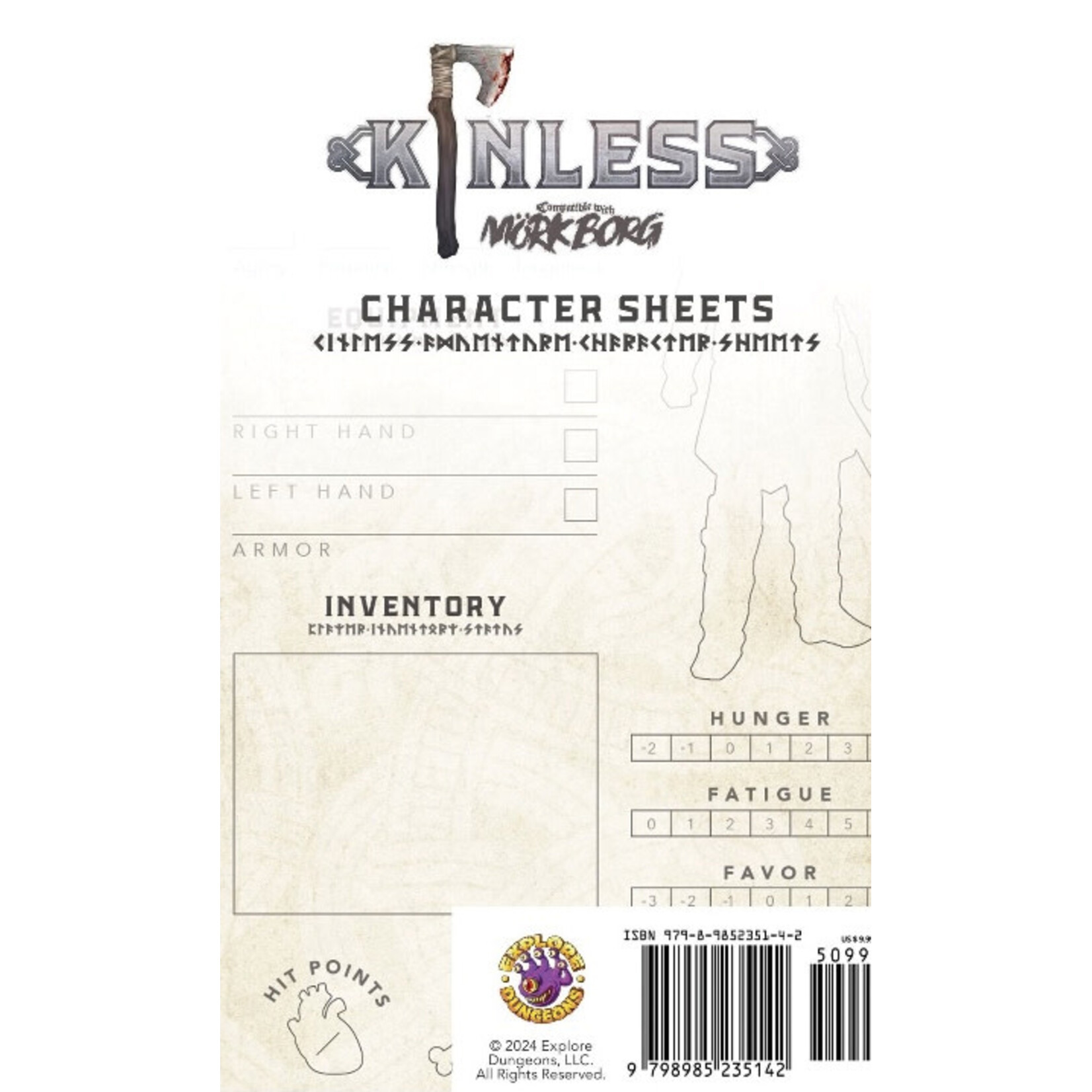 Explore Dungeons Kinless RPG: Character Sheets (Mork Borg)