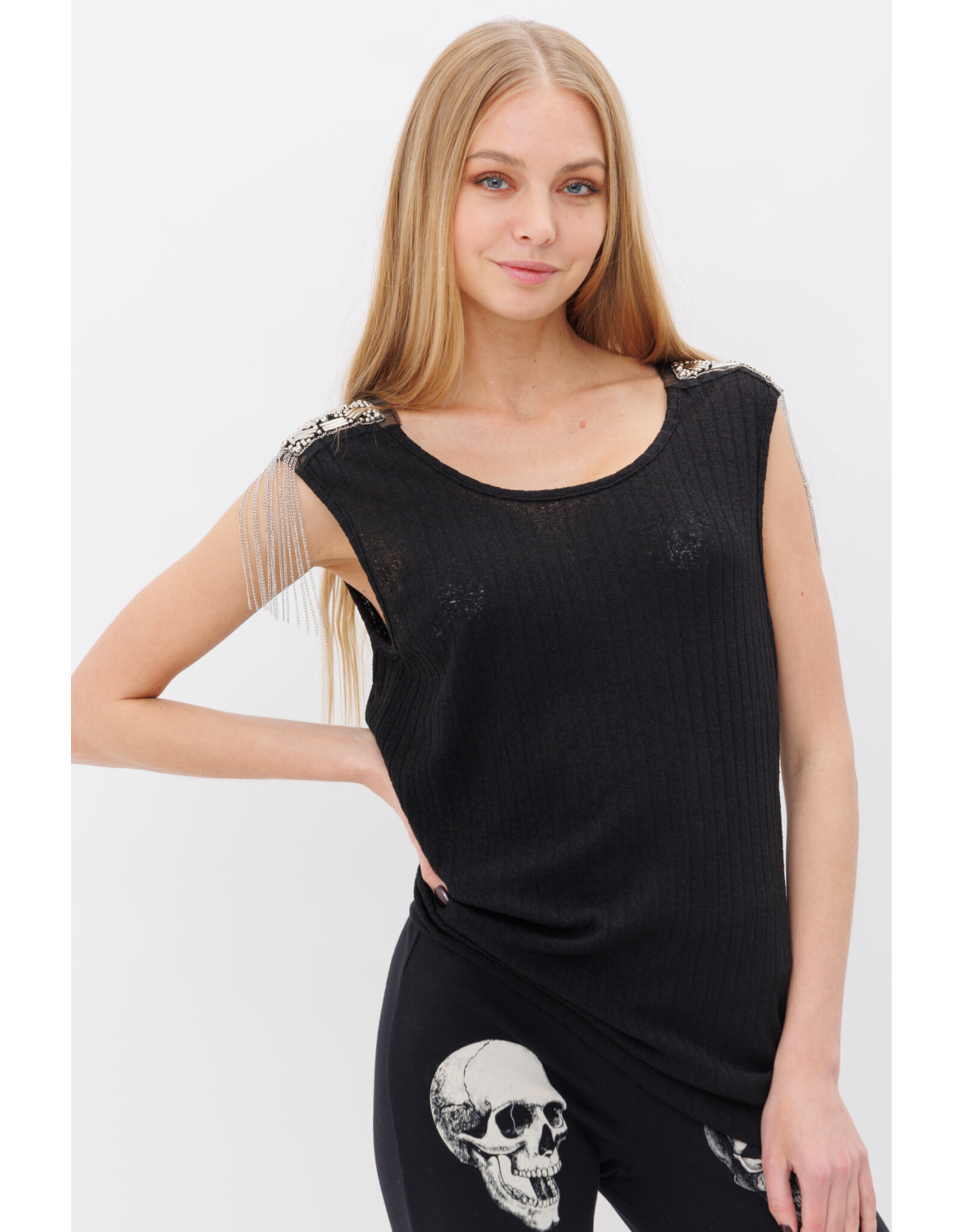 Vocal Vocal - Ribbed sleeveless top with bejeweled fringe (black)