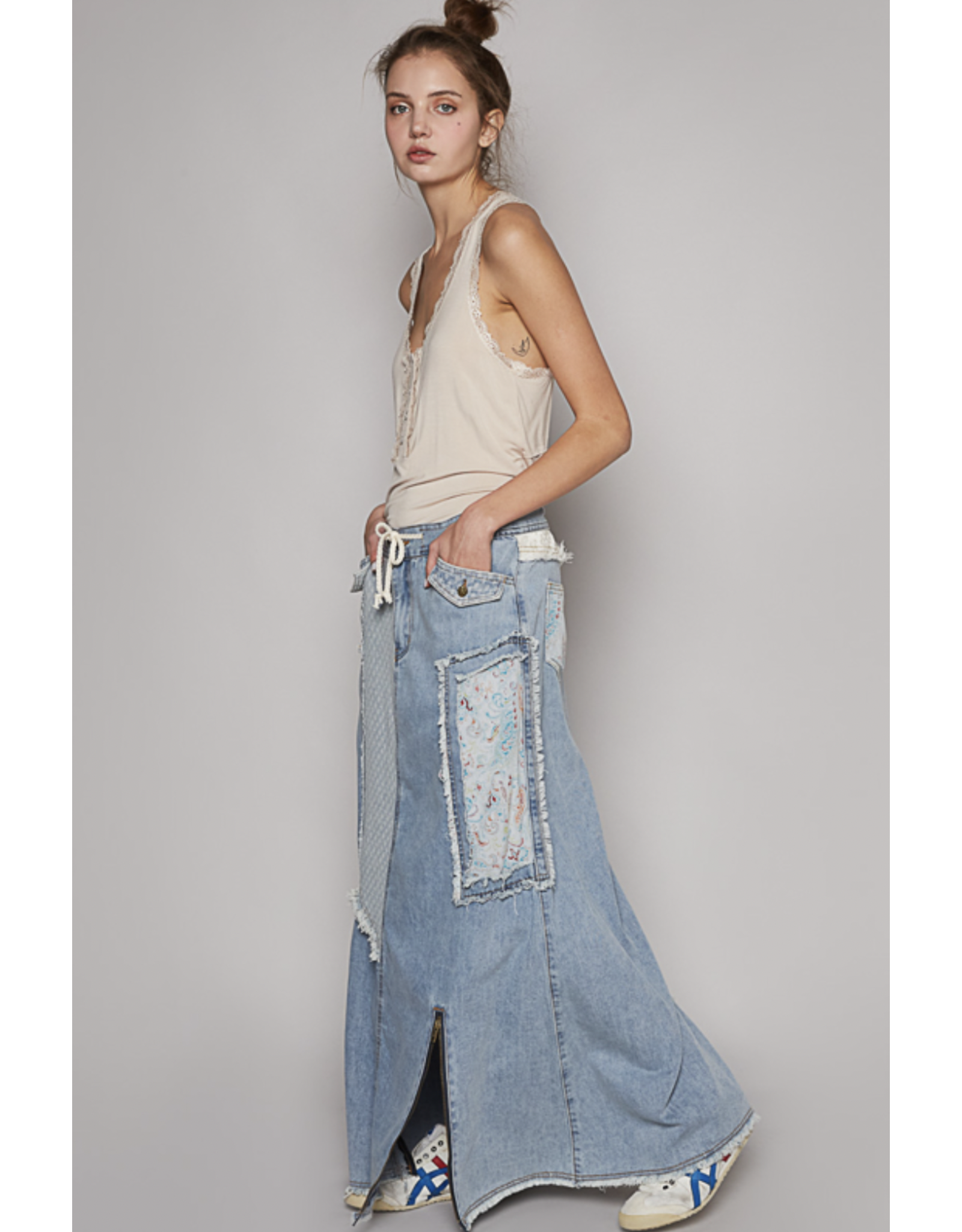 POL Scarlett - Denim skirt with drawstring waist, patches, cargo pocket