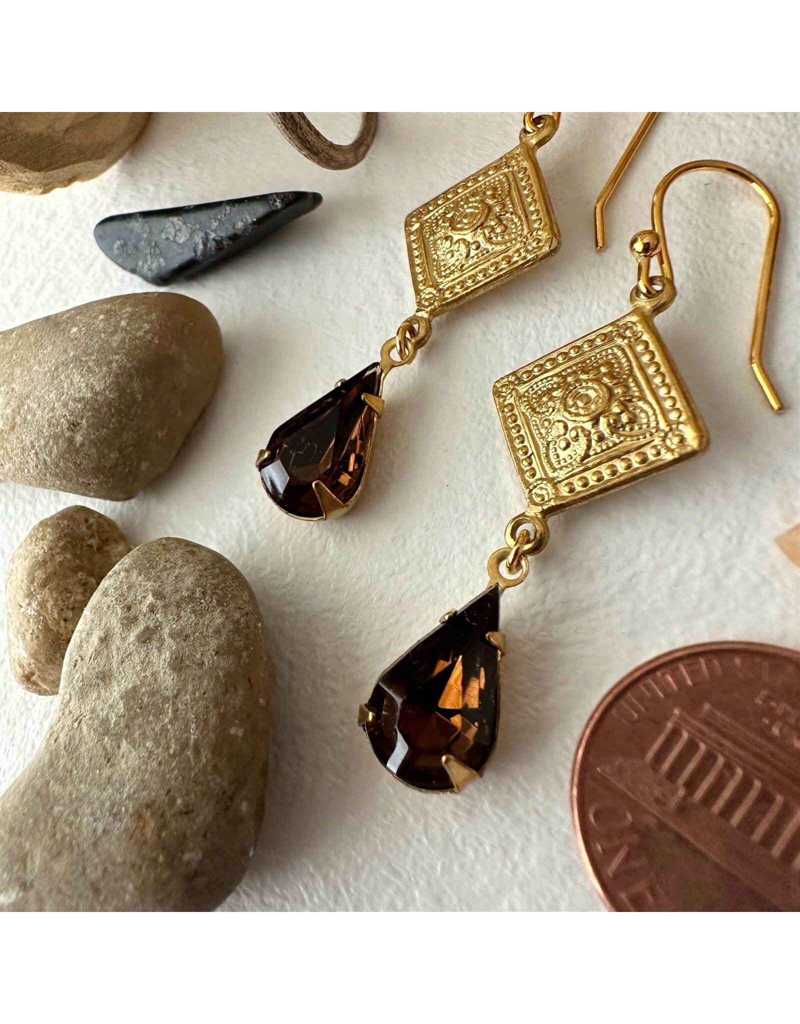 Pika & Bear Pika & Bear - Nogales Topaz Brass Medallion Earrings with Dark Smoky Topaz Drops