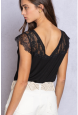 POL Simone - V neck top with lace trim and shoulders (Black)