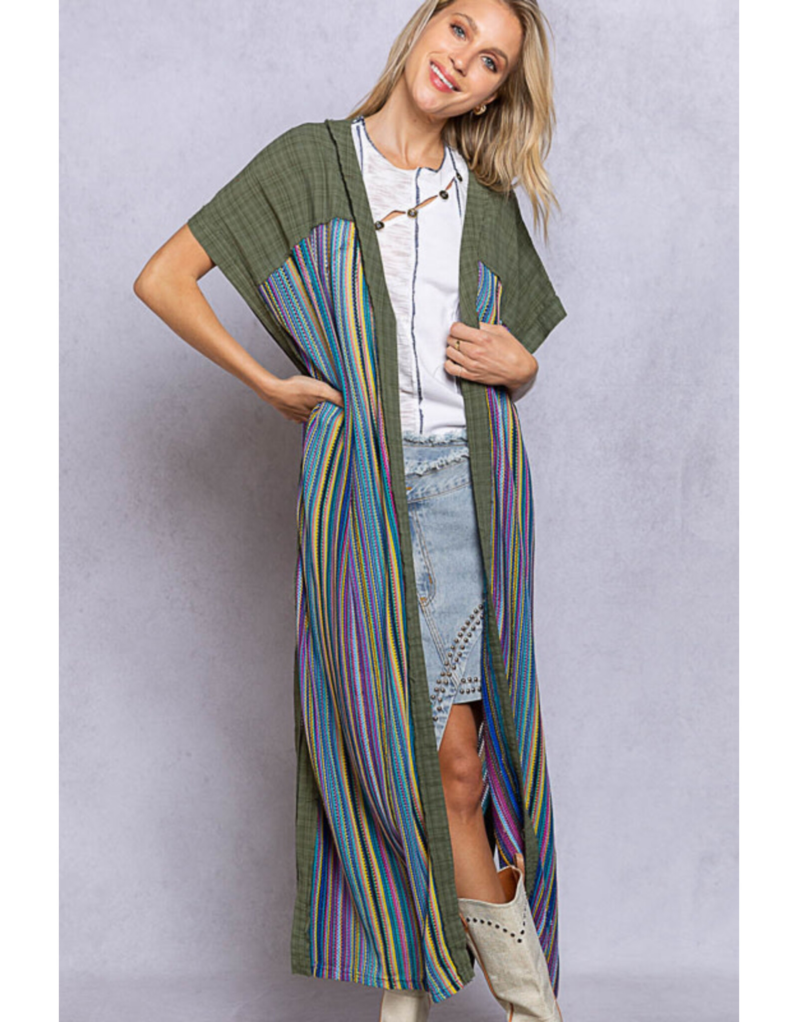 POL Willow - Maxi length boho knit vest (olive)