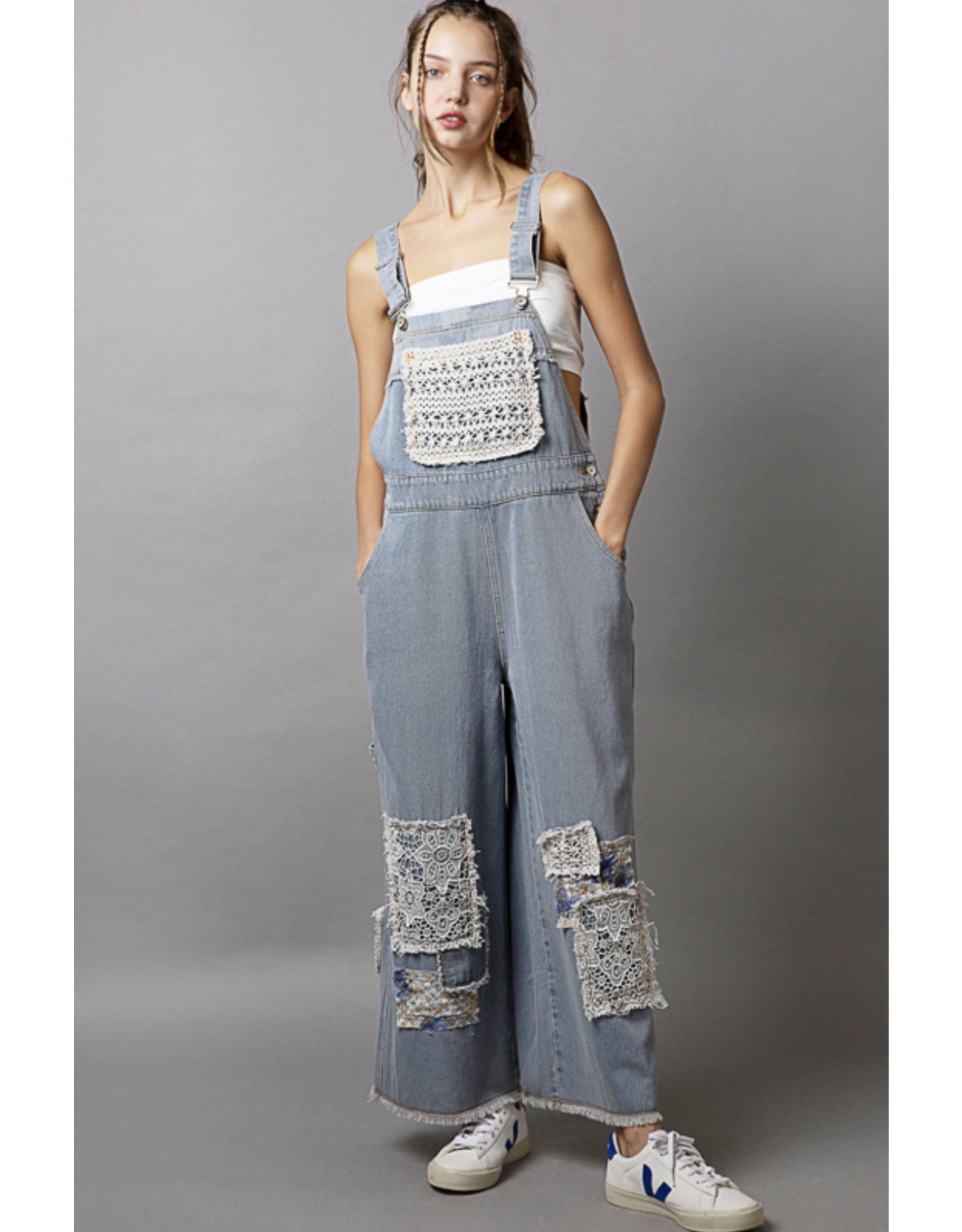 POL Denim overalls with lace patches