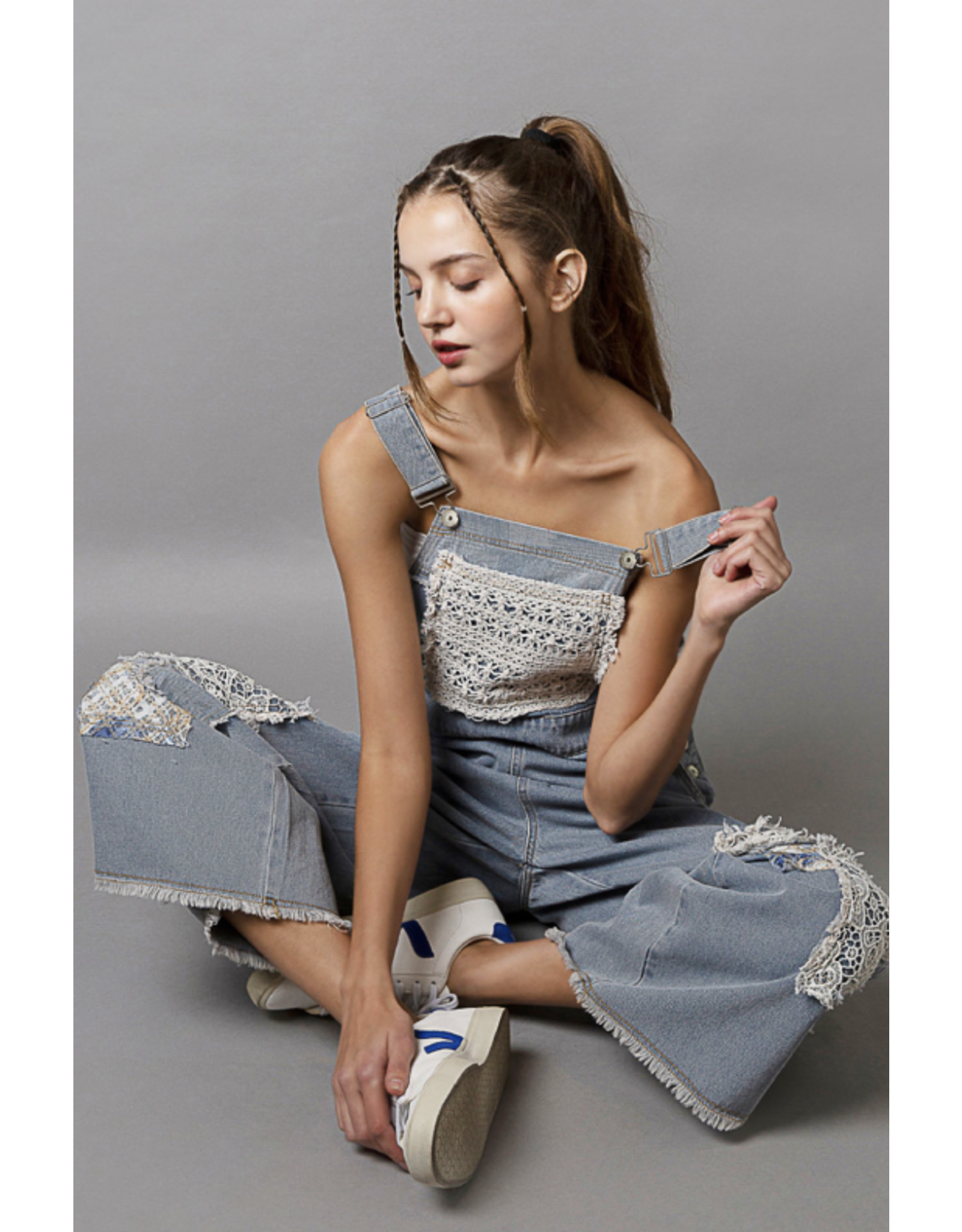 POL Denim overalls with lace patches