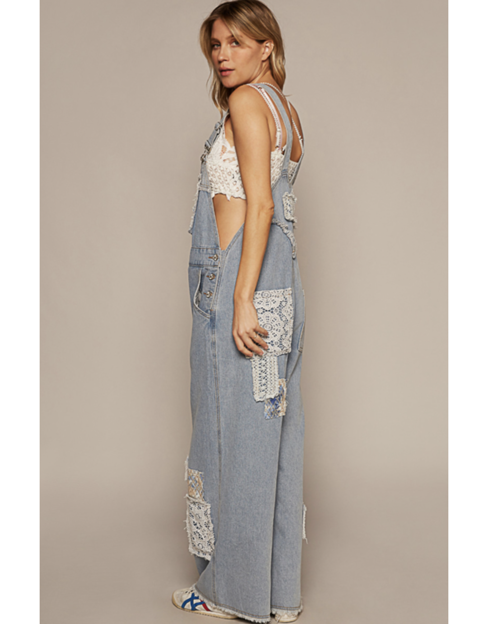 POL Denim overalls with lace patches