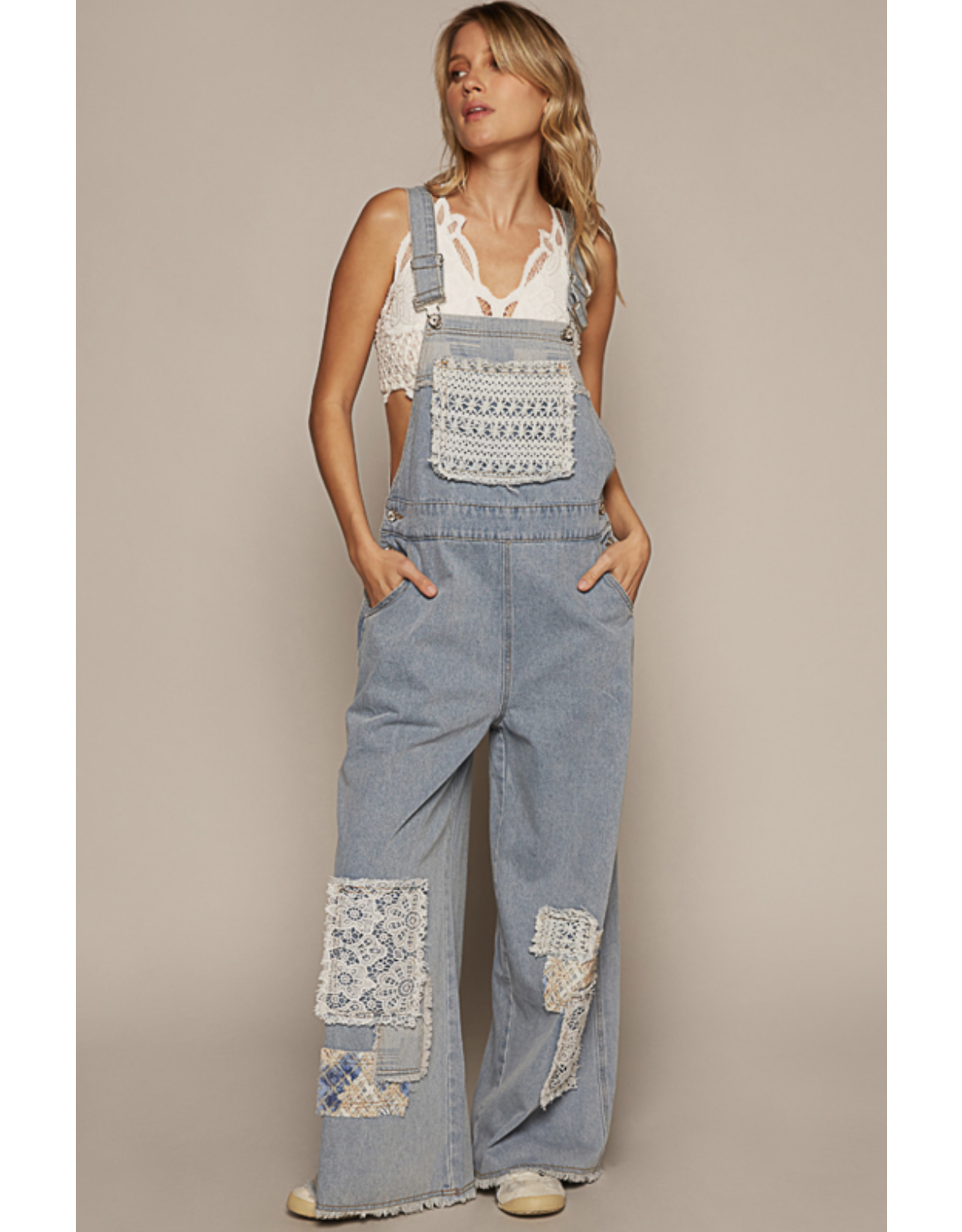 POL Denim overalls with lace patches