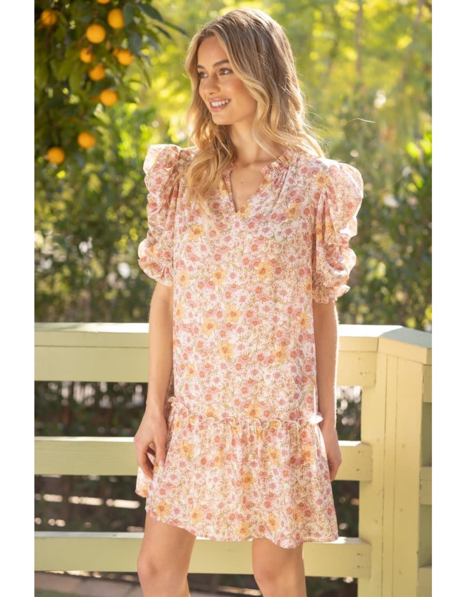 Voy Voy - Pleated puff sleeve floral tiered dress