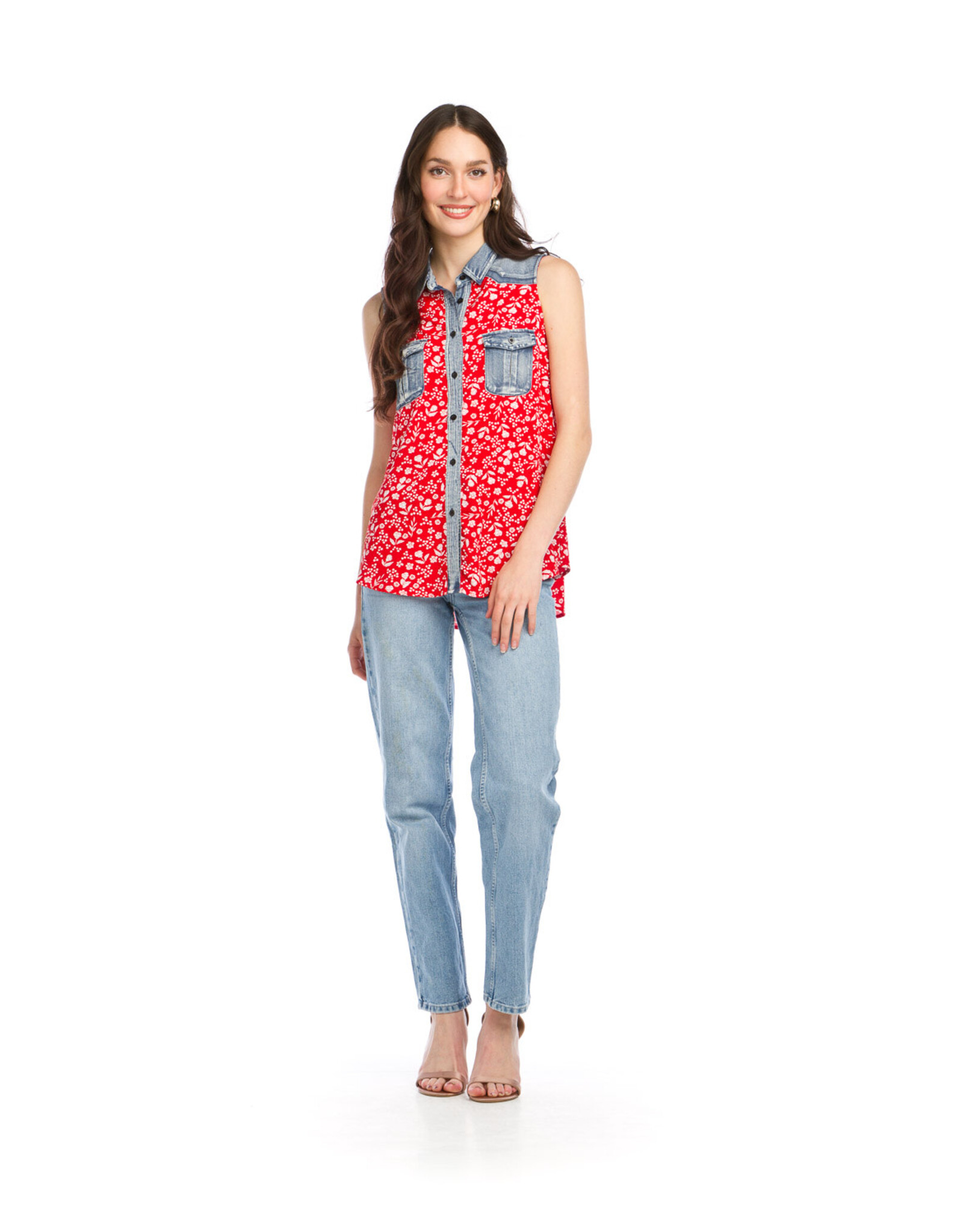 Papillon Papillon - Floral denim trim top with pockets (Red)