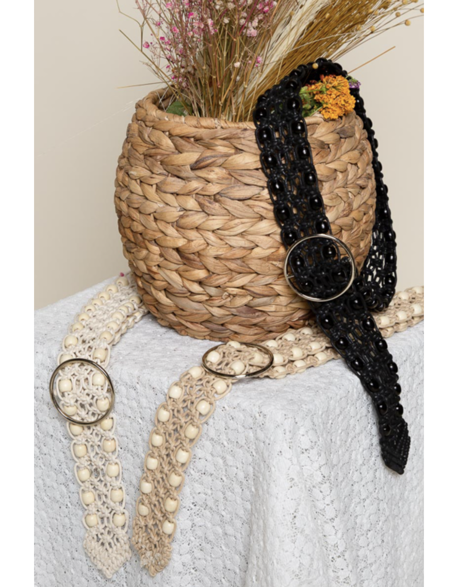 POL POL - Knotted leatherette belt with beads and buckle (Beige)