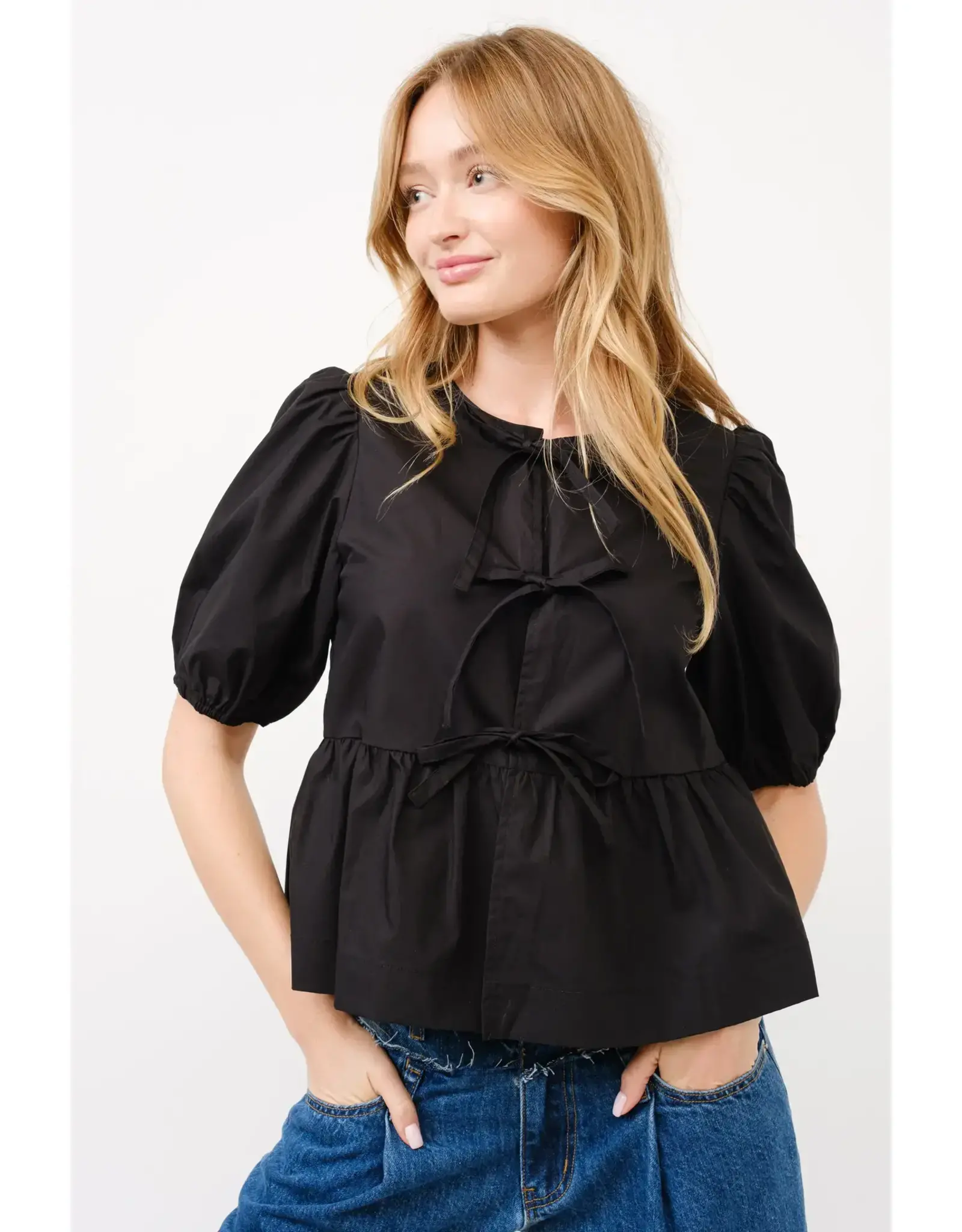 Aaron & Amber Celeste Bow Tie Peplum Blouse (Black)