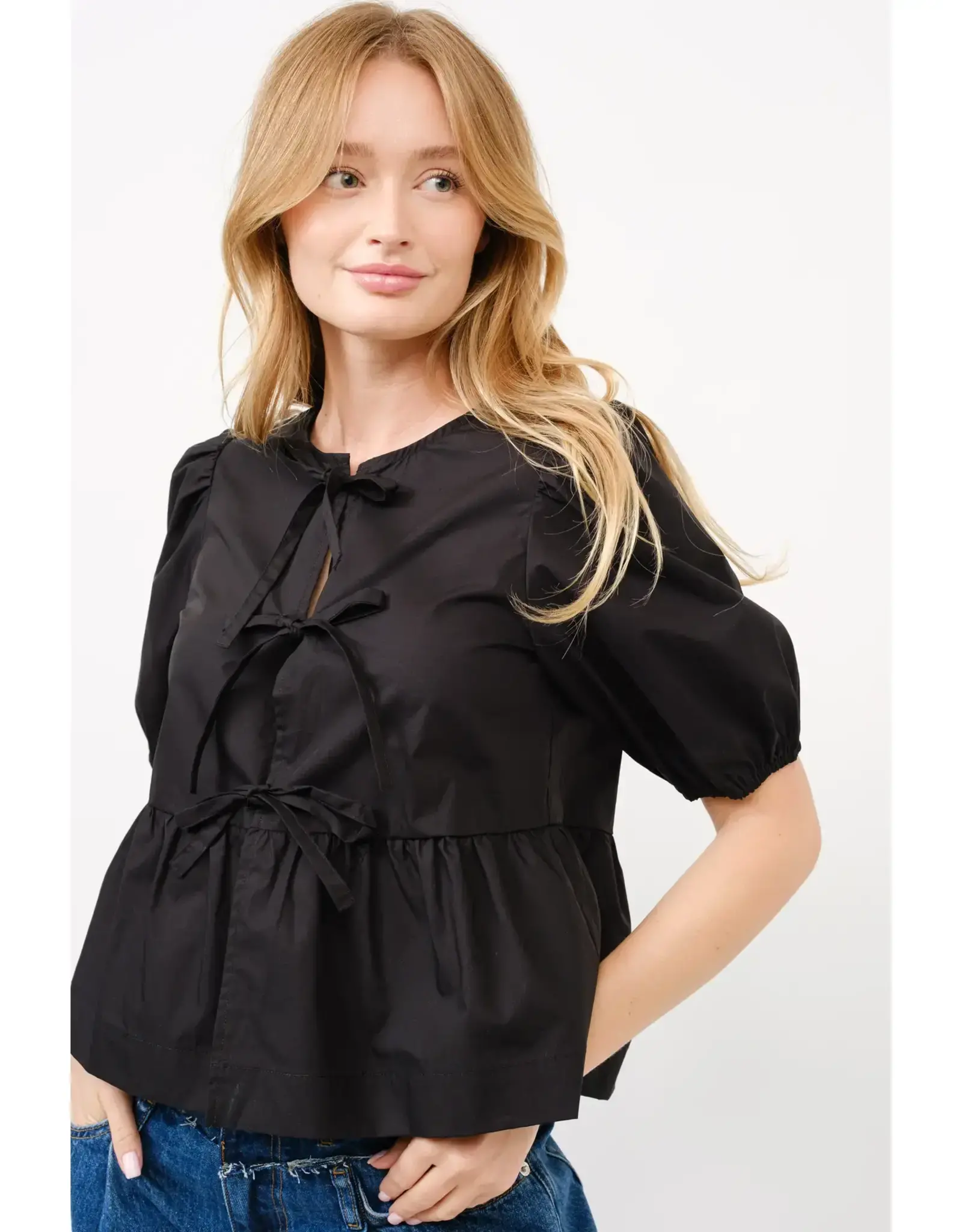 Aaron & Amber Celeste Bow Tie Peplum Blouse (Black)