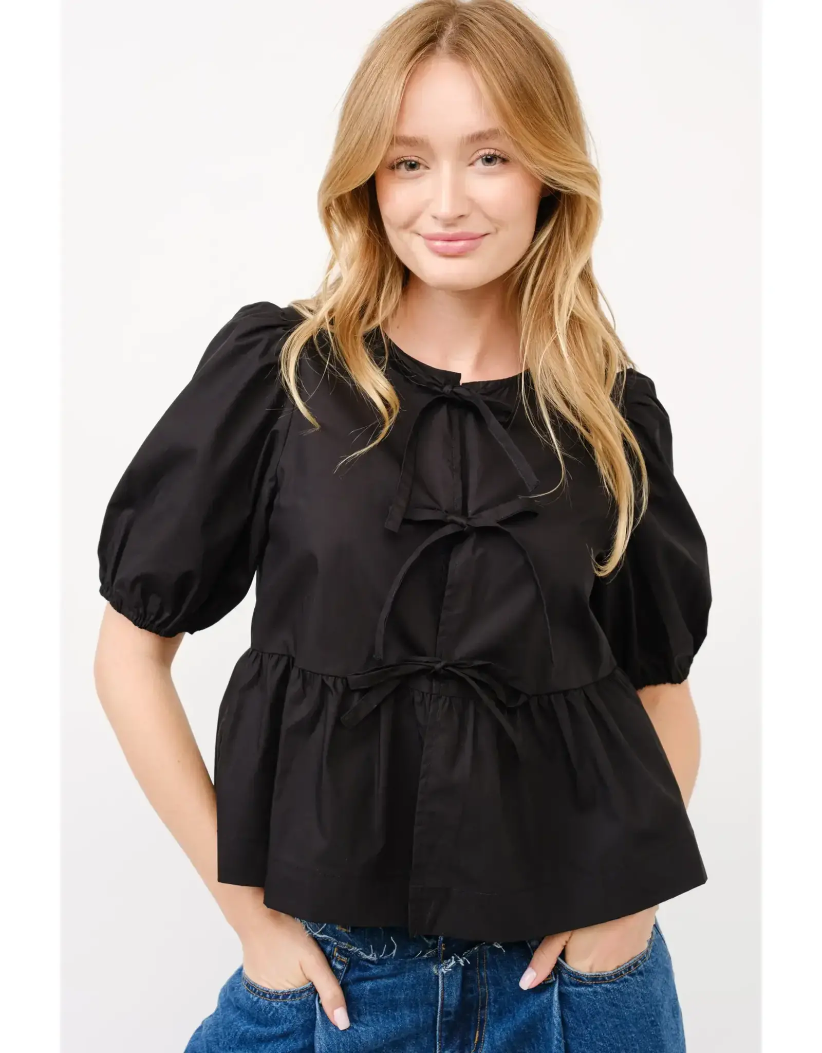 Aaron & Amber Celeste Bow Tie Peplum Blouse (Black)