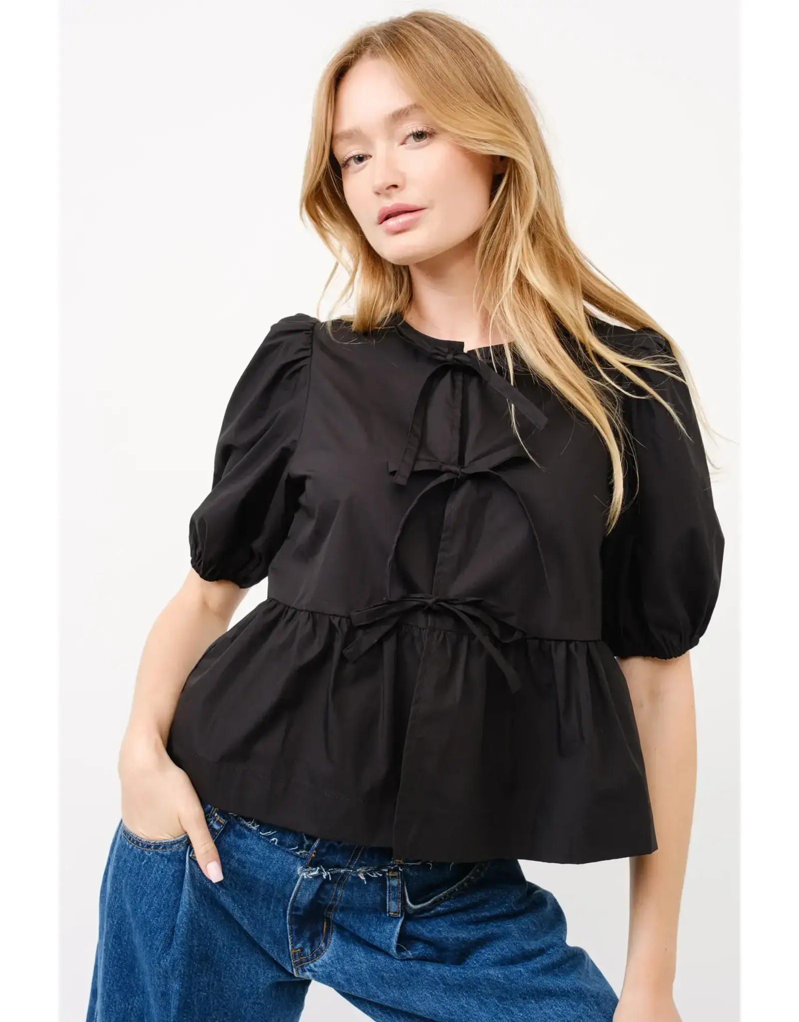 Aaron & Amber Celeste Bow Tie Peplum Blouse (Black)