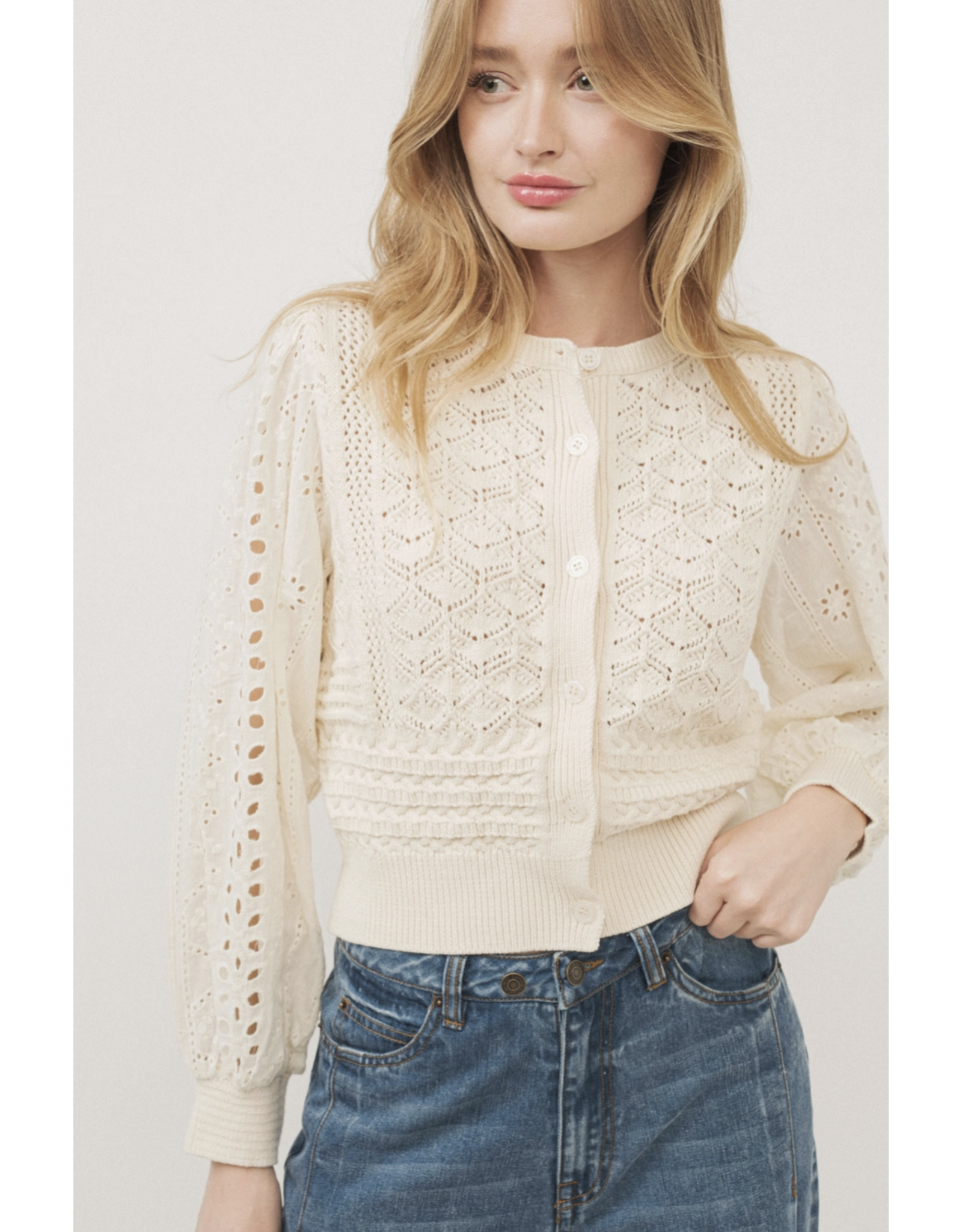 Aaron & Amber Giselle - Mixed Knit Long Sleeve Cardigan (Cream)