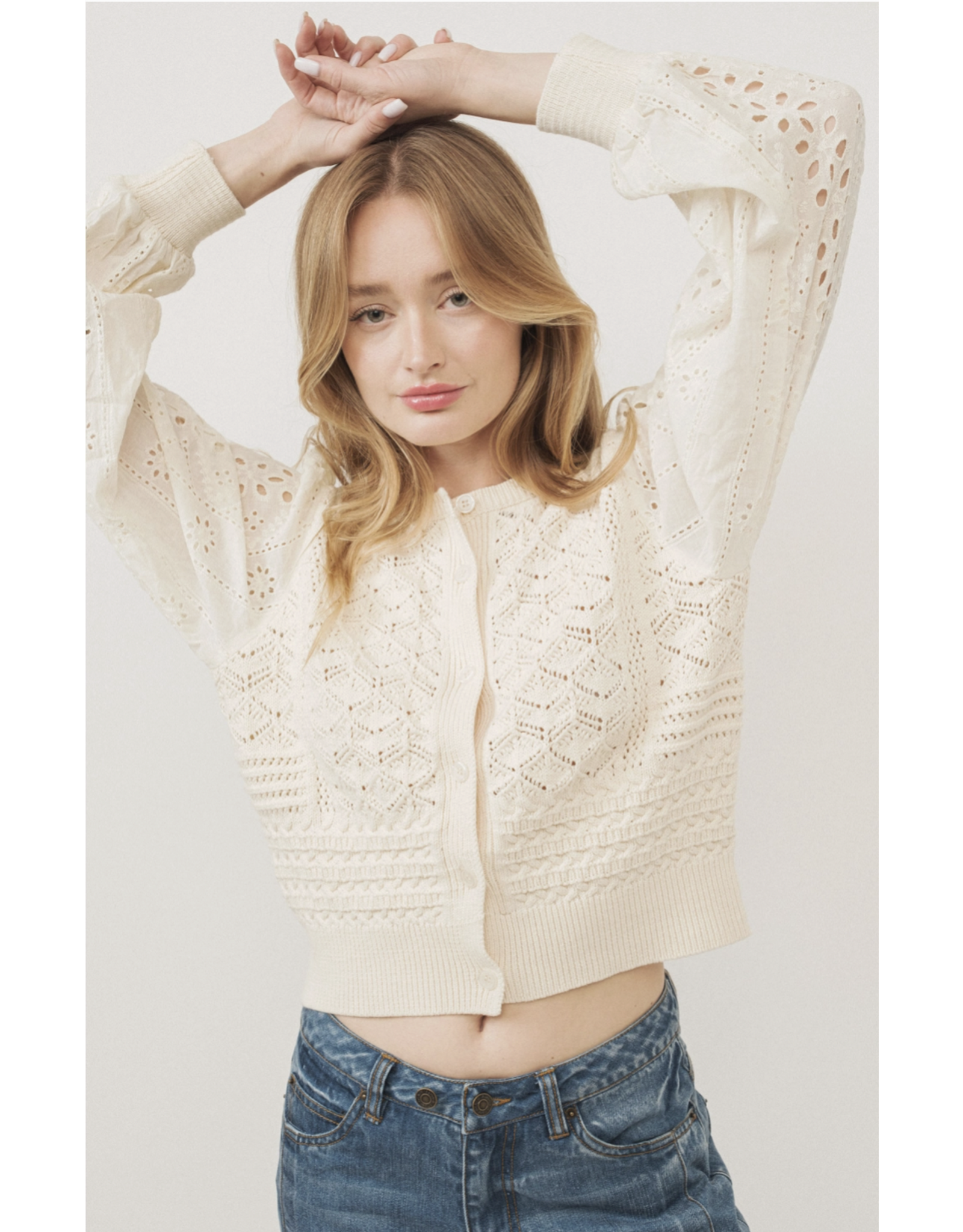 Aaron & Amber Giselle - Mixed Knit Long Sleeve Cardigan (Cream)